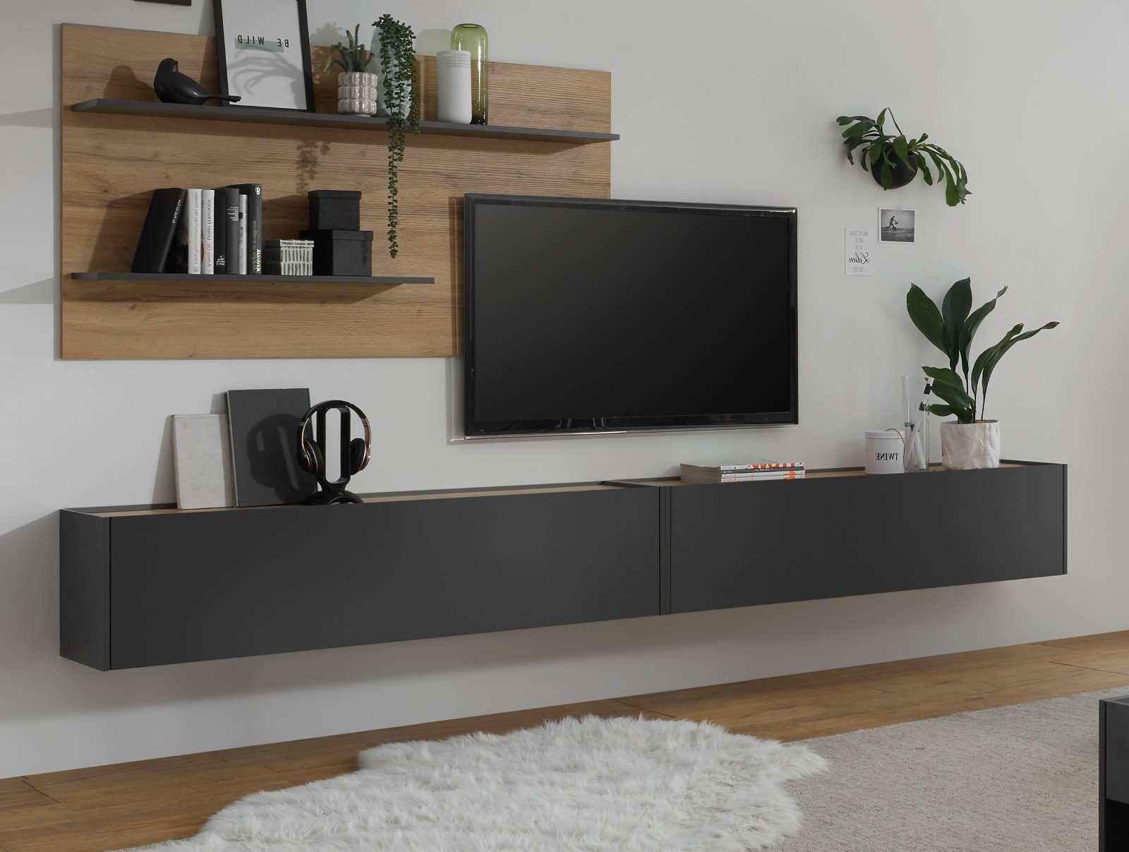 Furn.Design Wohnwand Center, (Komplett-Set, bestehend aus Lowboard 300 cm und Wandpaneel 155 cm), Breite 300 cm, mit Hänge-Lowboard