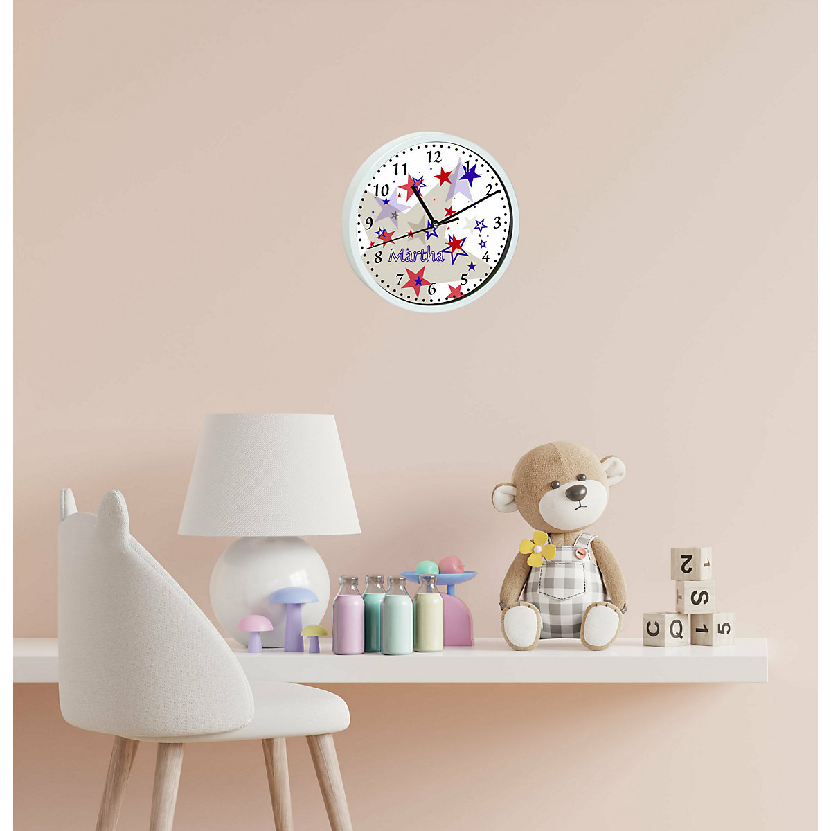 Kinder Wanduhr laufruhig personalisiert mit Name Sternenhimmel Rot Blau Grau