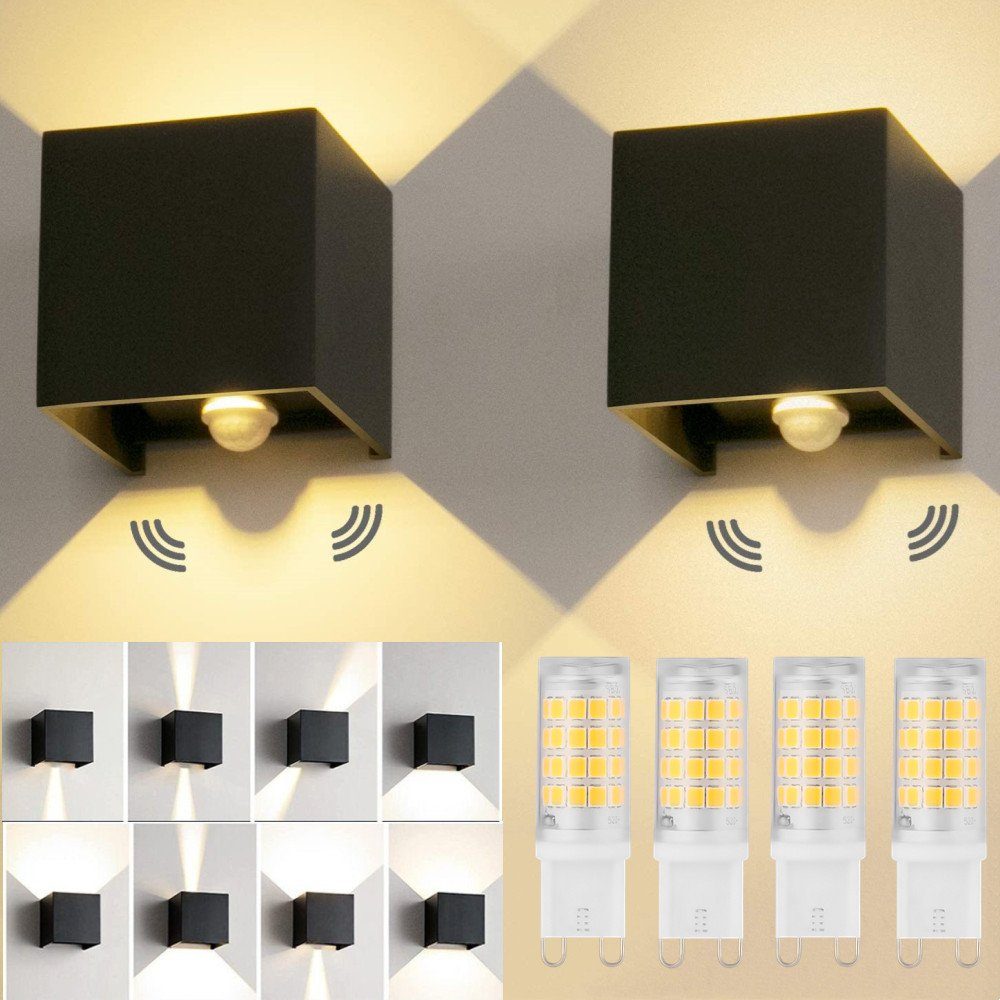 iscooter Wandleuchte G9 Würfel LED Wandleuchte mit Bewegungsmelder Up Down Aluminium, LED wechselbar, Warmweiß, G9 LED Lampe Innen/ Aussen, Einstellbar Abstrahlwinkel AuBenleuchte