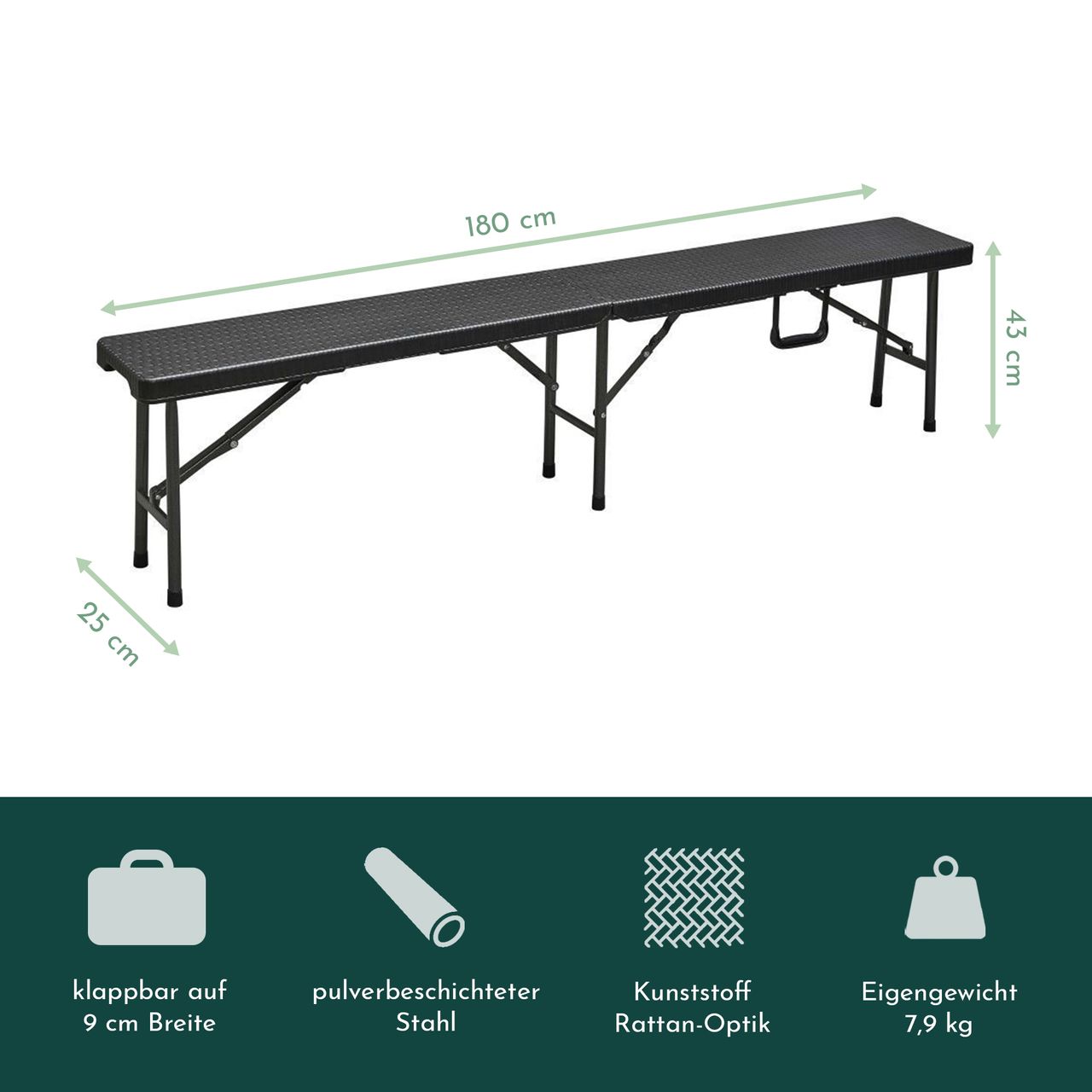 Lemodo Klappbank im 2er Set, mobile Sitzbank 180 x 25 cm in Rattan-Optik, klappbare Bierbank