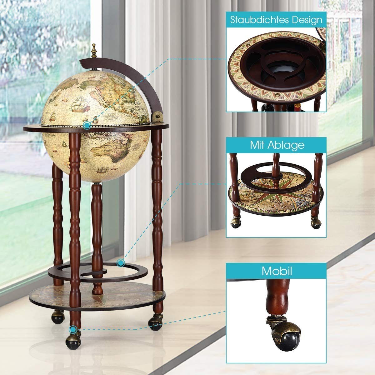 KOMFOTTEU Bartisch Globus Bar Barwagen, Weinregal, Hausbar, Cocktailbarmit Rollen, 88 x 45 cm