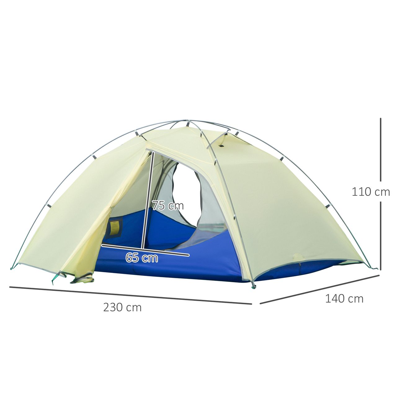 Outsunny Camping Zelt 2 Personen Zelt Kuppelzelt PU3000mm einfache Einrichtung für Trekking Festival leicht Aluminium Nylon Cremeweiß 230 x 140 x 110 cm