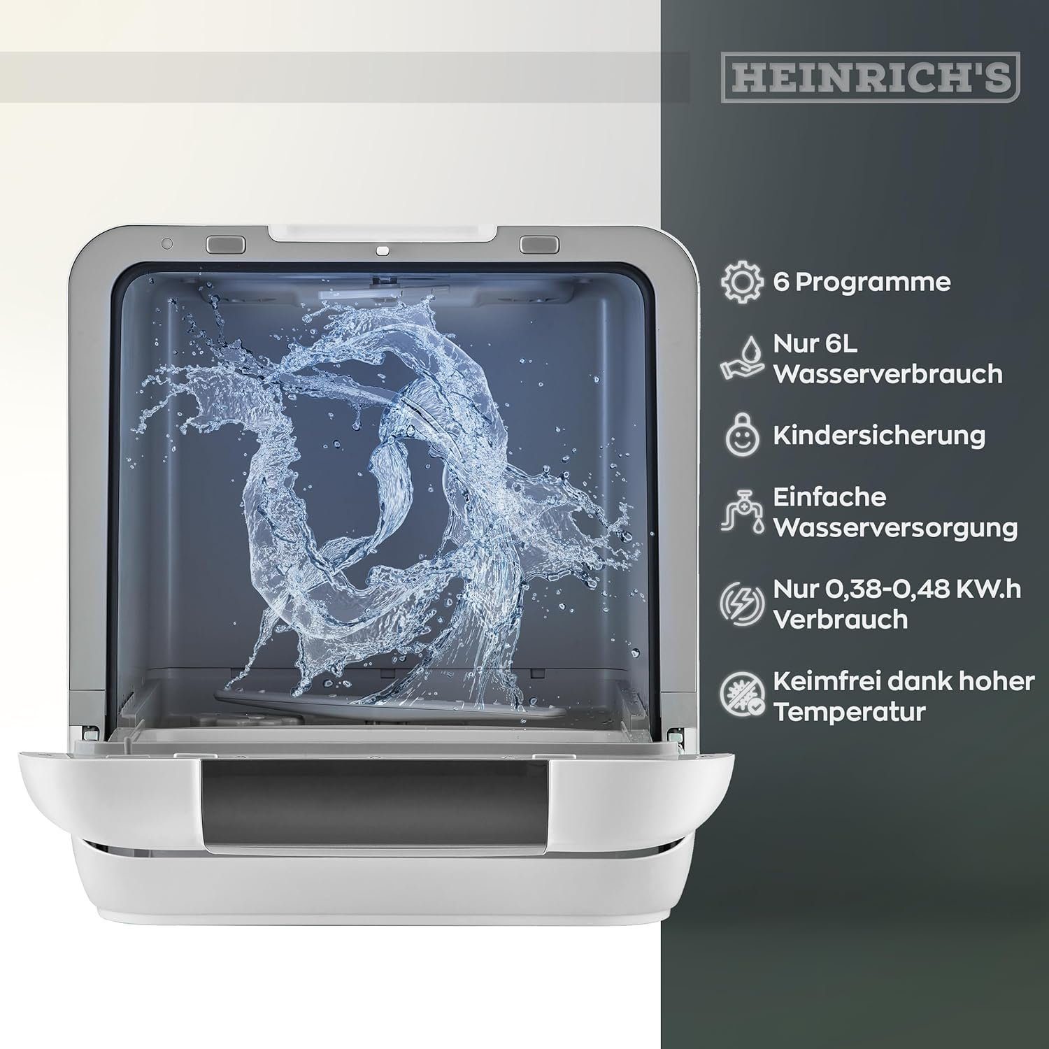 Heinrich´s Tischgeschirrspüler Mini Geschirrspüler, HTG 8842, 6 l, 2 Maßgedecke, 6 Programme, kompakt, 6L Wassertank, Mini Spülmaschine