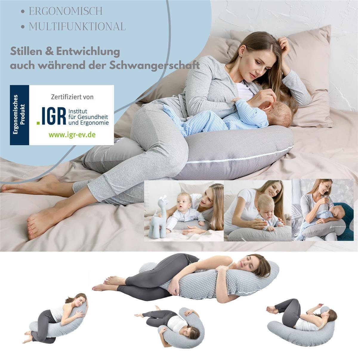 SEI Design Stillkissen Seitenschläferkissen Babynestchen mit EPS Mikroperlen, Schwangerschaftskissen mit Bezug, Bezug 100% Baumwolle