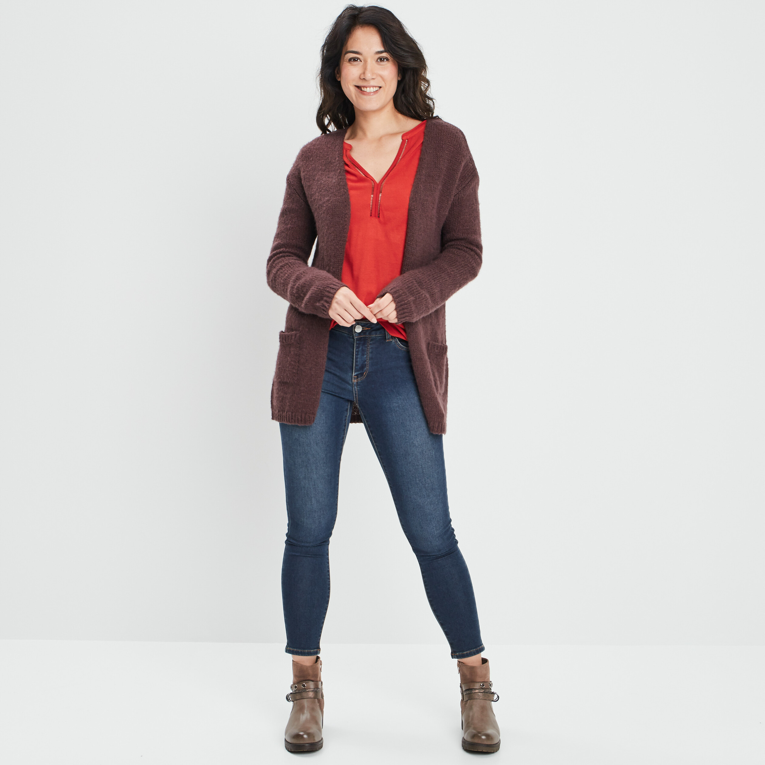 Gilet long manches longues marron foncé femme | La Halle