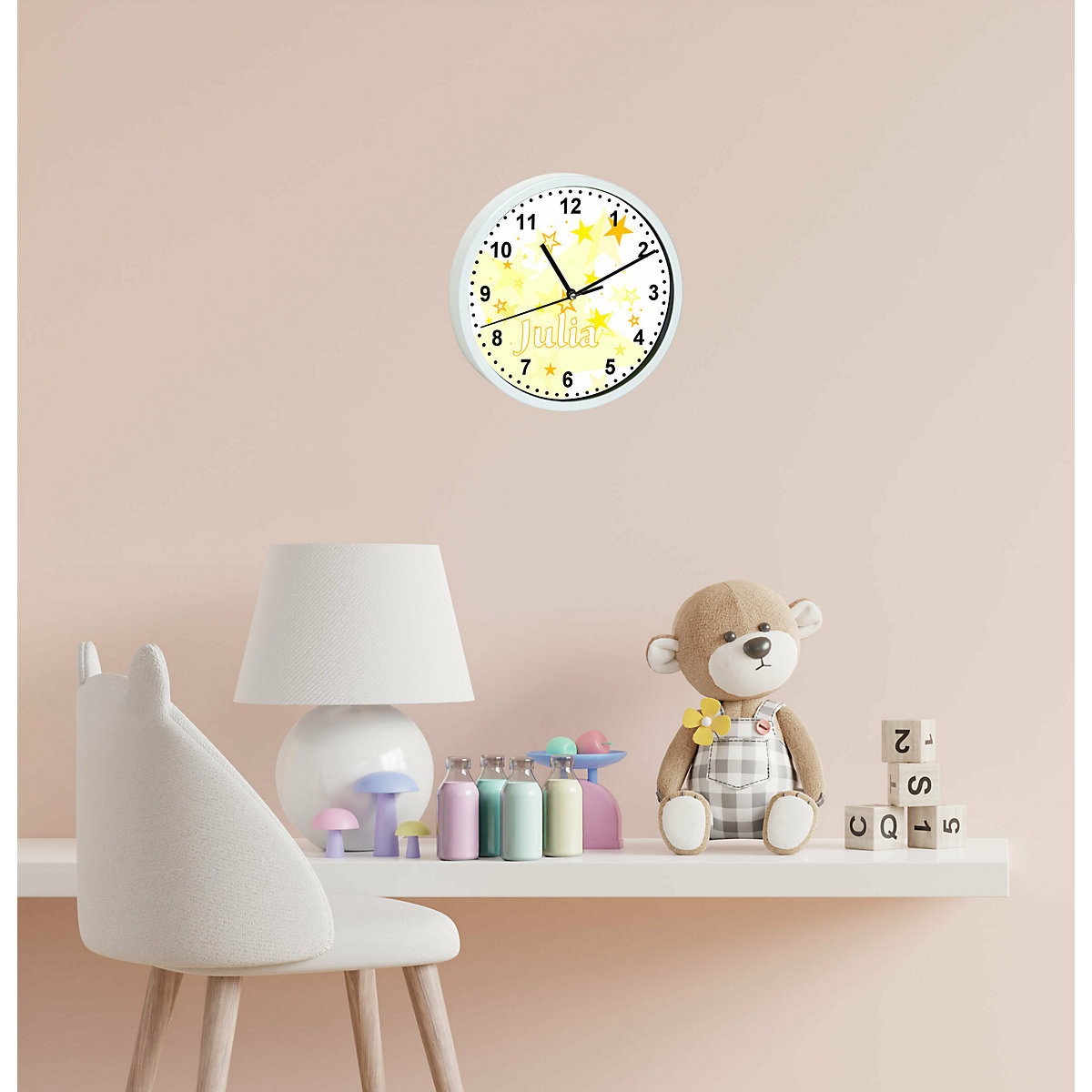 Kinder Wanduhr personalisiert mit Name Sternenhimmel Gelb