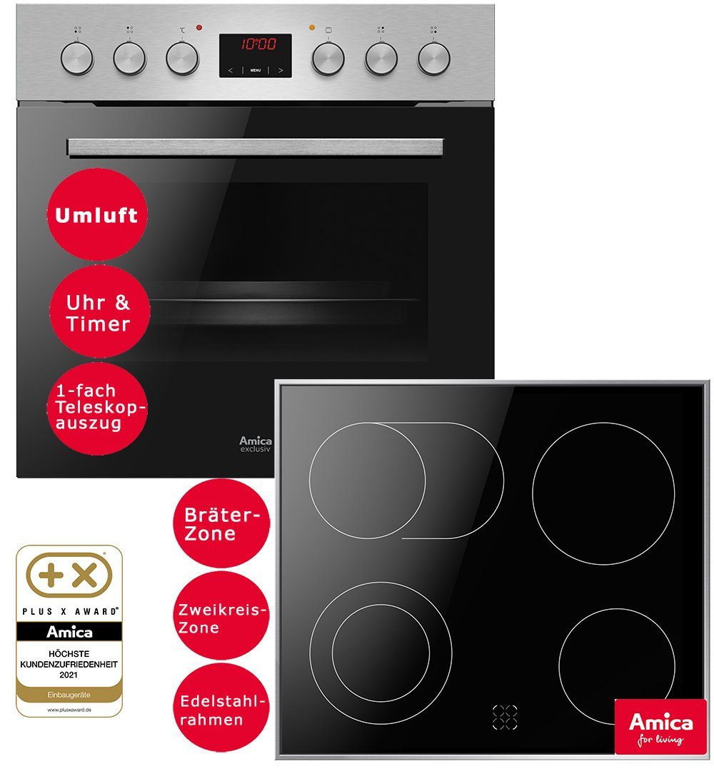 Amica Elektro-Herd-Set exclusives Design Einbauherd Set Glaskeramik Kochfeld Backofen Umluft Timer Bräterzone, mit 1-fach-Teleskopauszug, Steam Clean Reinigung