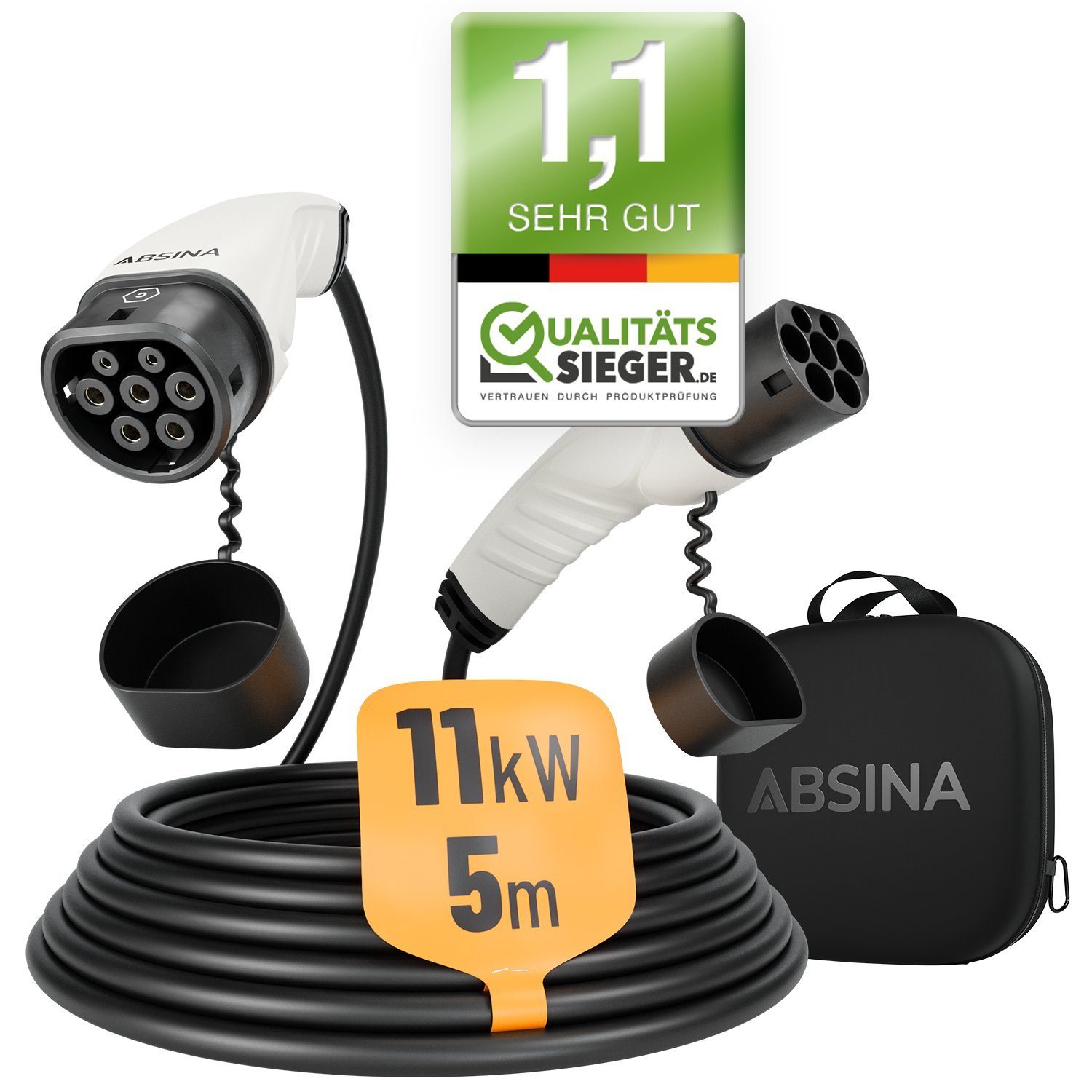 ABSINA Elektroauto Ladekabel Typ 2 Mode 3, 5 Meter, 3-phasig, 11kW, 16A, IP55 Elektroauto-Ladegerät (1-tlg)