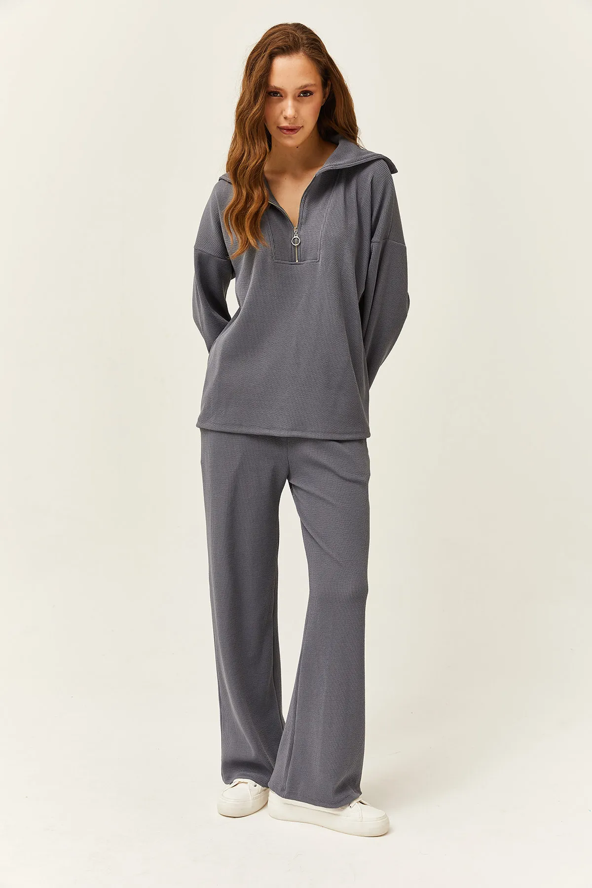 Olalook  Damen-Set mit geräuchertem Oberteil, Pullover mit Reißverschluss und Palazzo-Hose, TKM-19000240