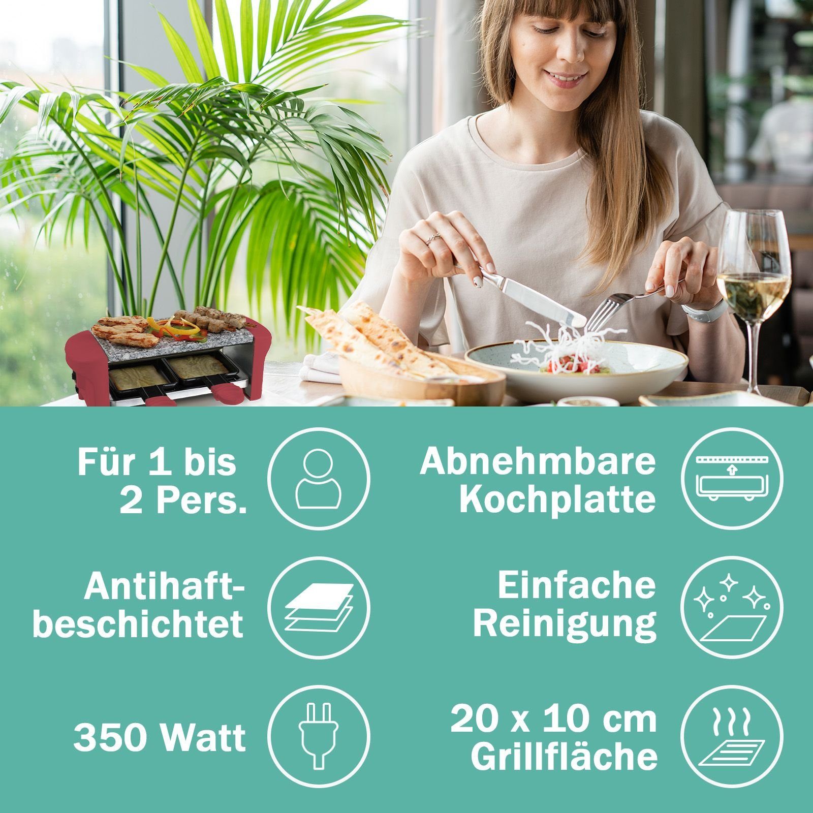 bmf-versand Raclette Raclette 2 Personen Tischgrill Elektrogrill Heißer Stein, 2 Raclettepfännchen, 350,00 W, Inklusive 2 Pfännchen, Ein-/Ausschalter, Naturgrillstein