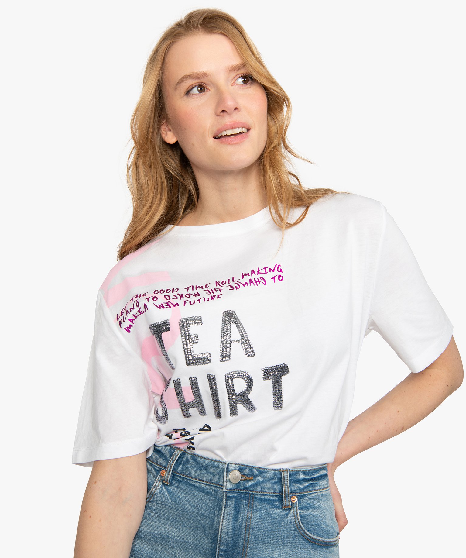 Tee-shirt femme ample à motif brillant blanc | GEMO