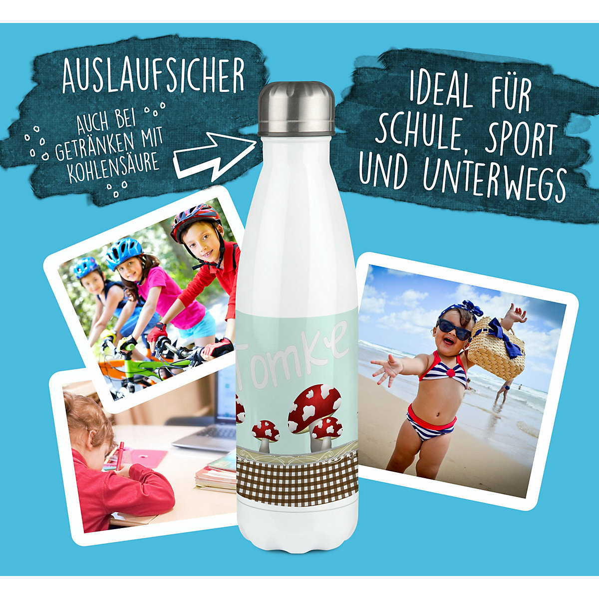 Edelstahl Kinder Thermoflasche / Trinkflasche bunt Pilz Farbe hellblau Spülmaschinenfest, Auslaufsicher, Bruchfest, Doppelwandig, Für Heißgetränke geeignet, Mit Deckel, Isoliert