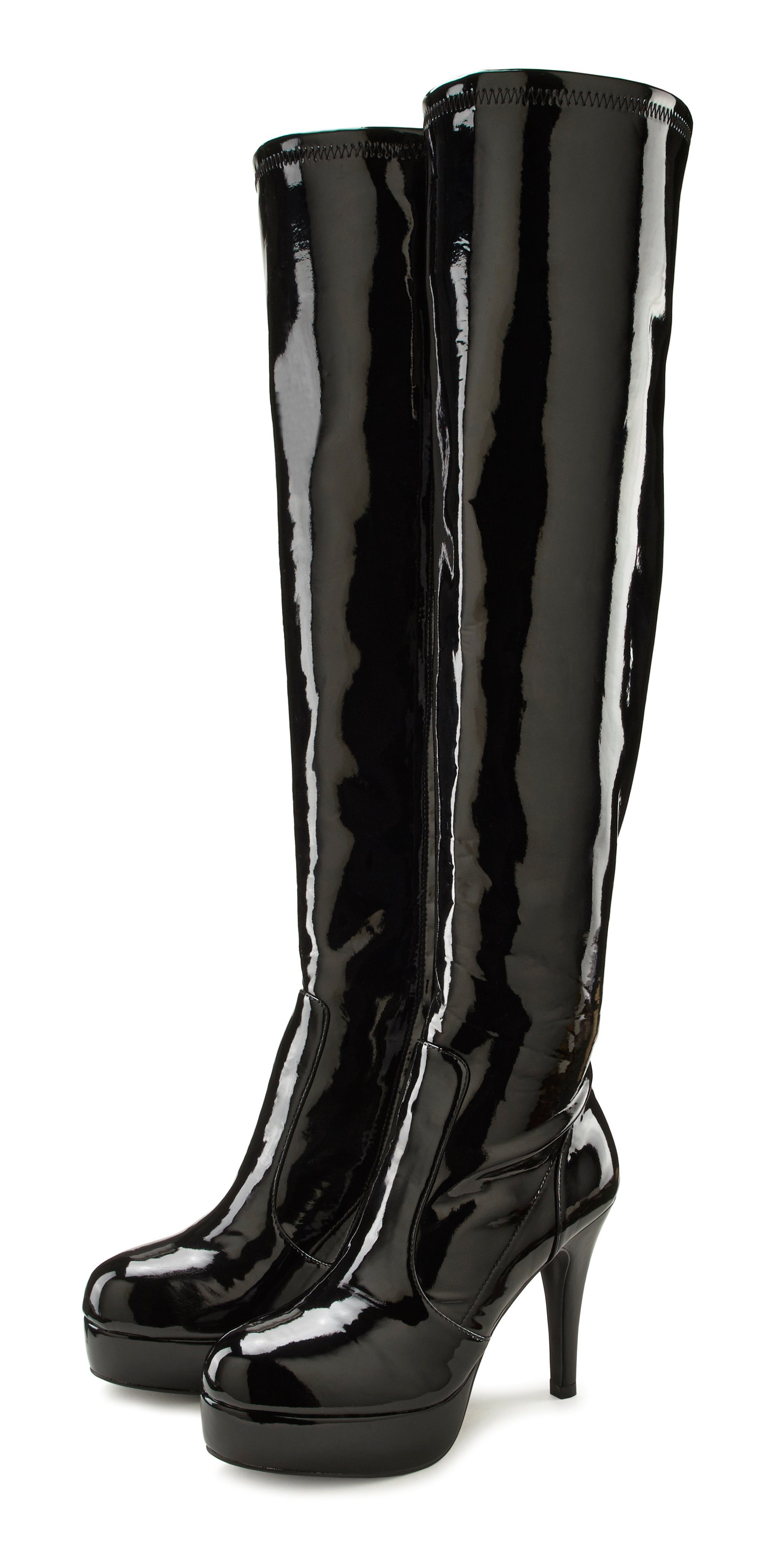 LASCANA Belle Affaire Overkneestiefel, High-Heel-Stiefelette mit Plateau und erotischer Lack-Optik