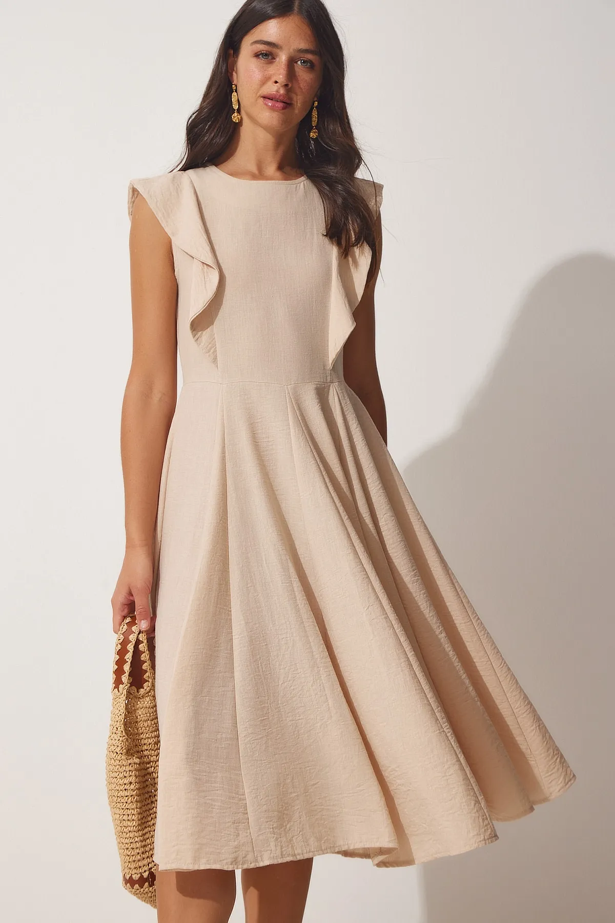 Happiness İstanbul  Damen-Sommerkleid aus cremefarbenem Volant aus Leinen TO00066