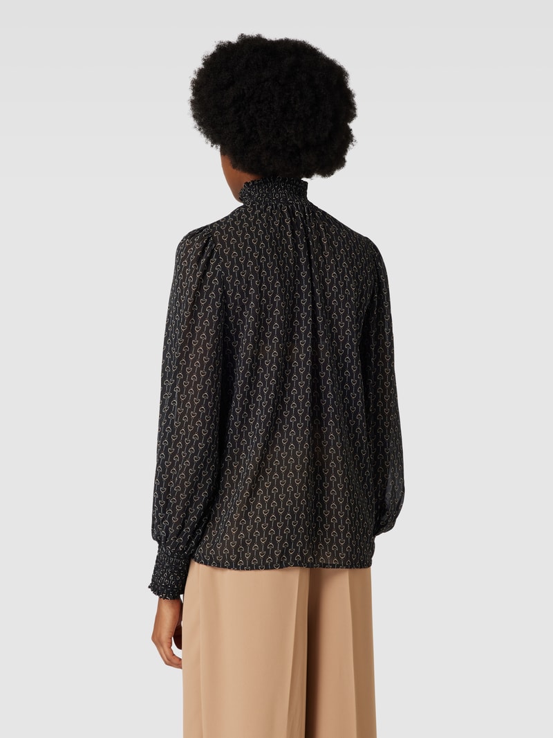Bluse mit Stehkragen und Smok-Details in schwarz