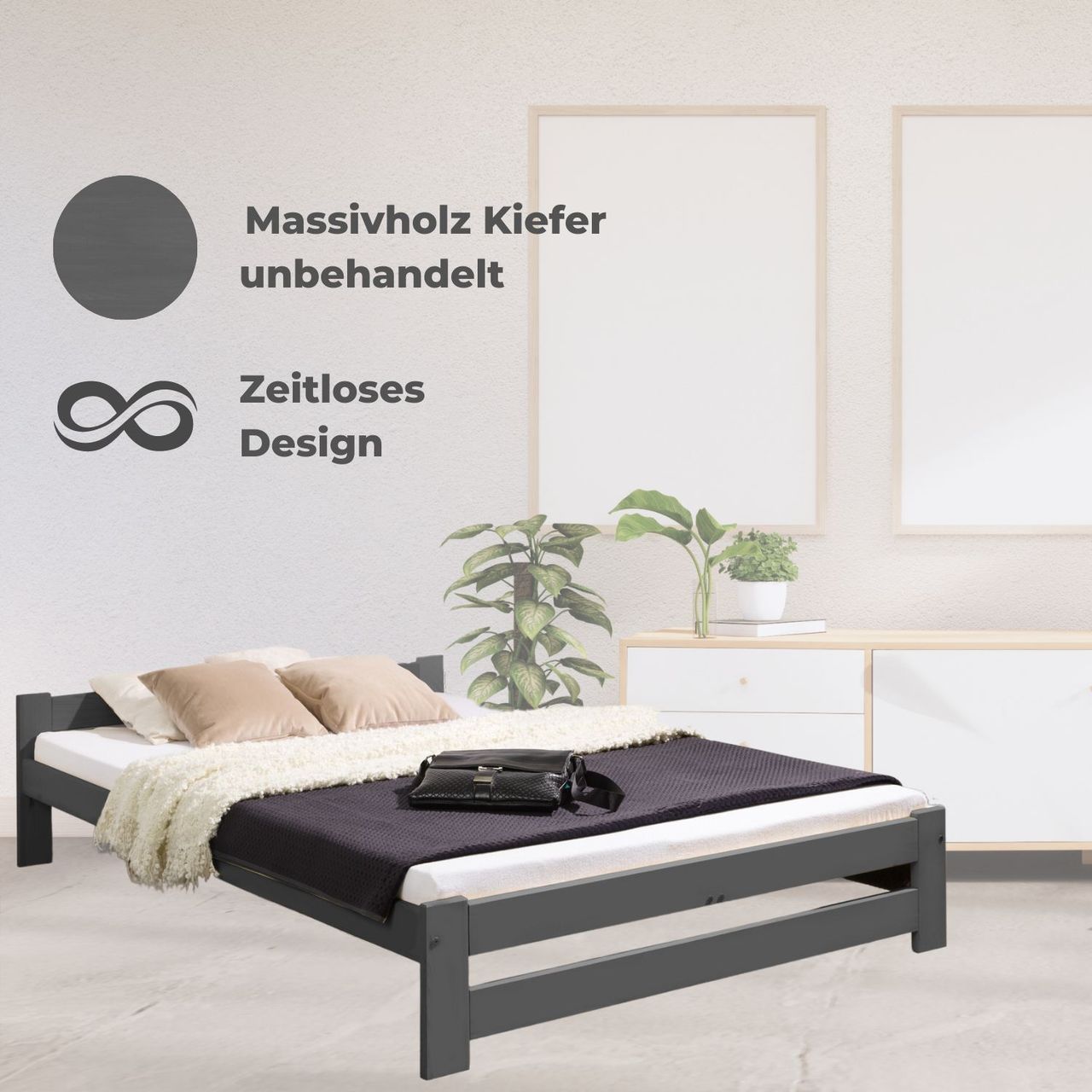 Coemo Bett Classico Holzbett Bettgestell mit Lattenrost Massivholz Kiefer 160 x 200 cm anthrazit