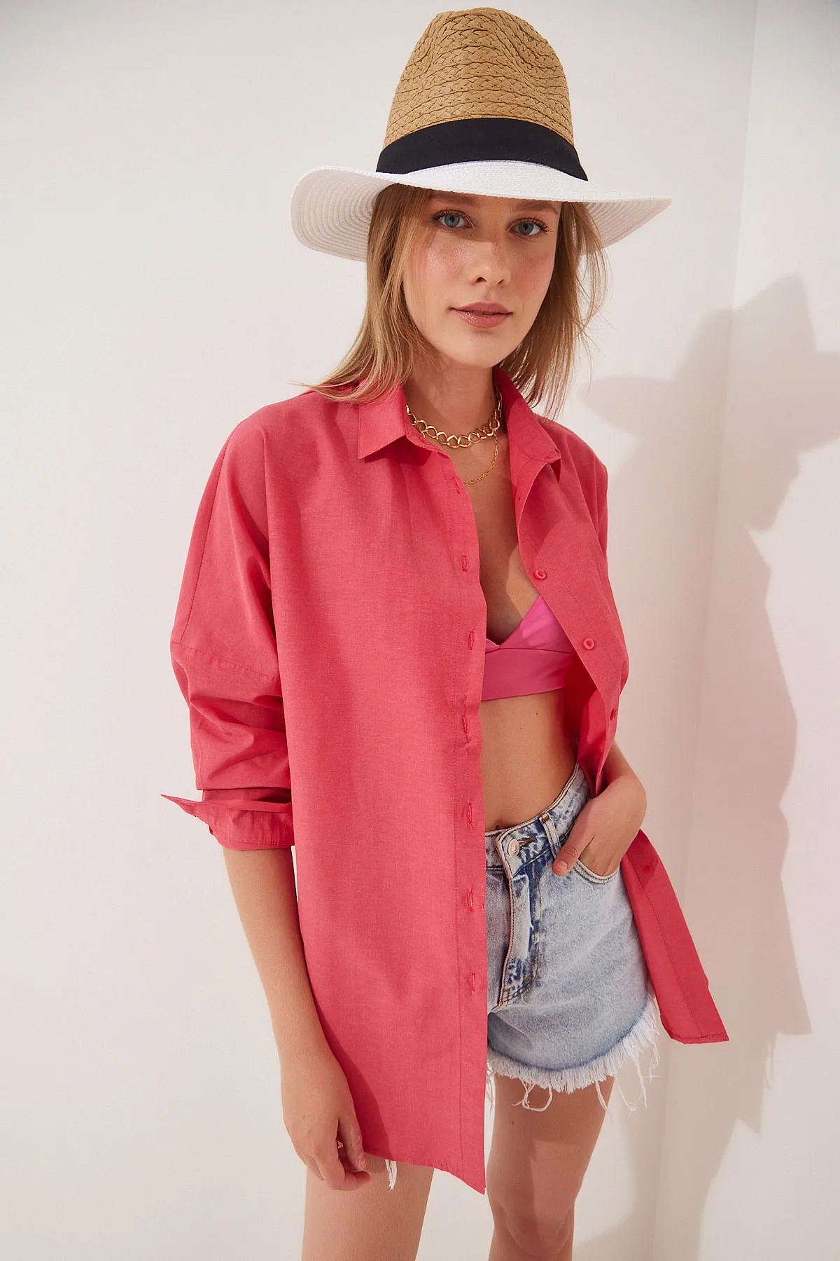 Happiness İstanbul  Damen Granatapfelblüte Oversize Long Basic Shirt DD00842