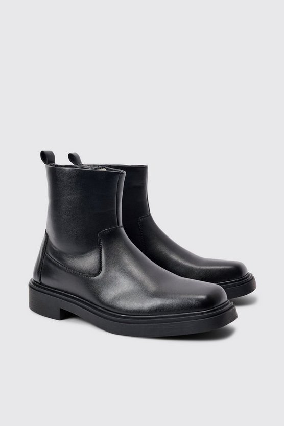 Schwarz eckige PU-Stiefel mit Reißverschluss