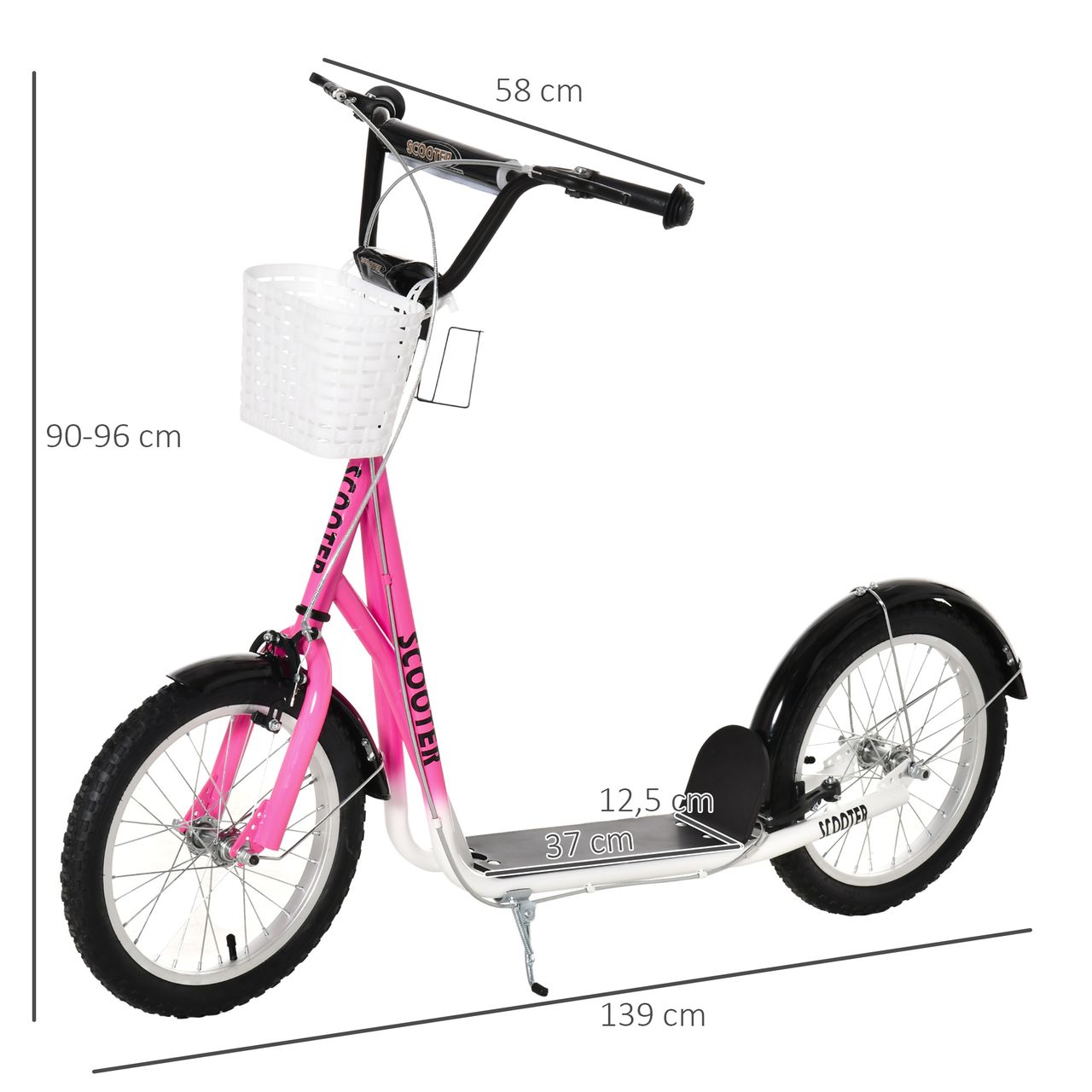 HOMCOM Kinderroller Scooter Tretroller mit Bremse Korb höhenverstellbar für 5-12 Kinder Roller Kickboard Aluminiumlegierung Gummi Rosa Weiß 139 x 58 x 90-96 cm