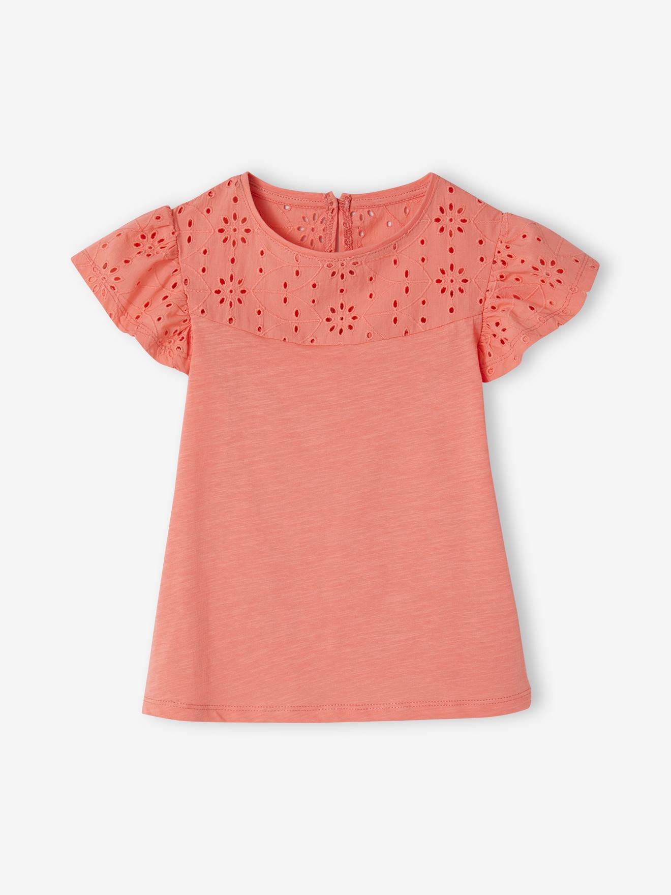 Vertbaudet Mädchen T-Shirt mit Volantärmeln und Lochstickerei Oeko-Tex - dunkelrosa