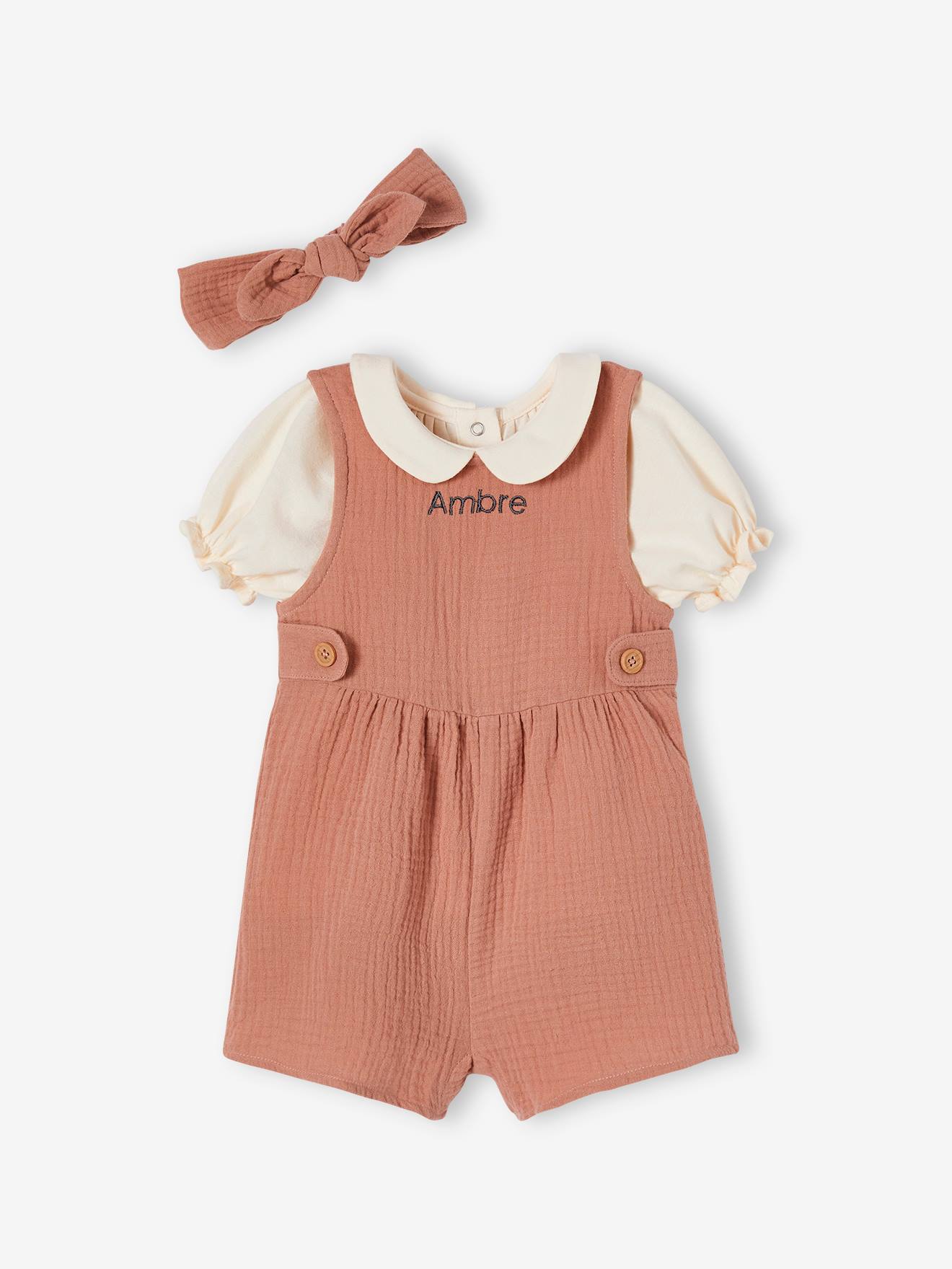 Ensemble 3 pièces bébé T-shirt, combinaison et bandeau personnalisable vieux rose