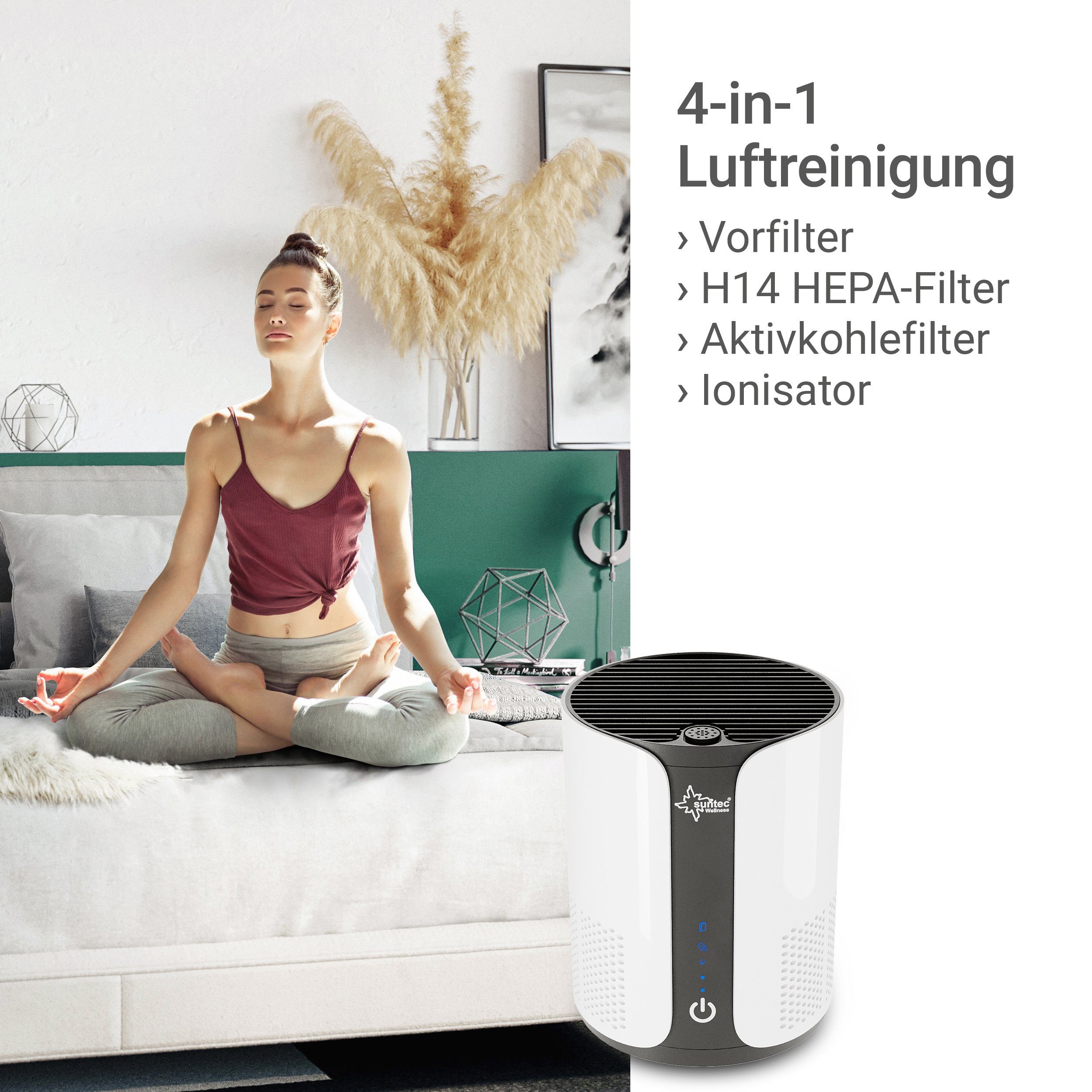 Suntec Wellness Luftreiniger AirCare 1000 VirusEx H14 Ion, für 13 m² Räume, 4 in 1 Luftreinigung, Luftwäscher mit H14 HEPA-Filter, Aromabox, 25 W