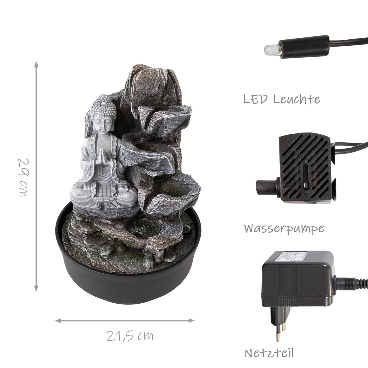 Lemodo Zimmerbrunnen mit LED-Beleuchtung, Dekobrunnen “Buddha Anjali Mudra”
