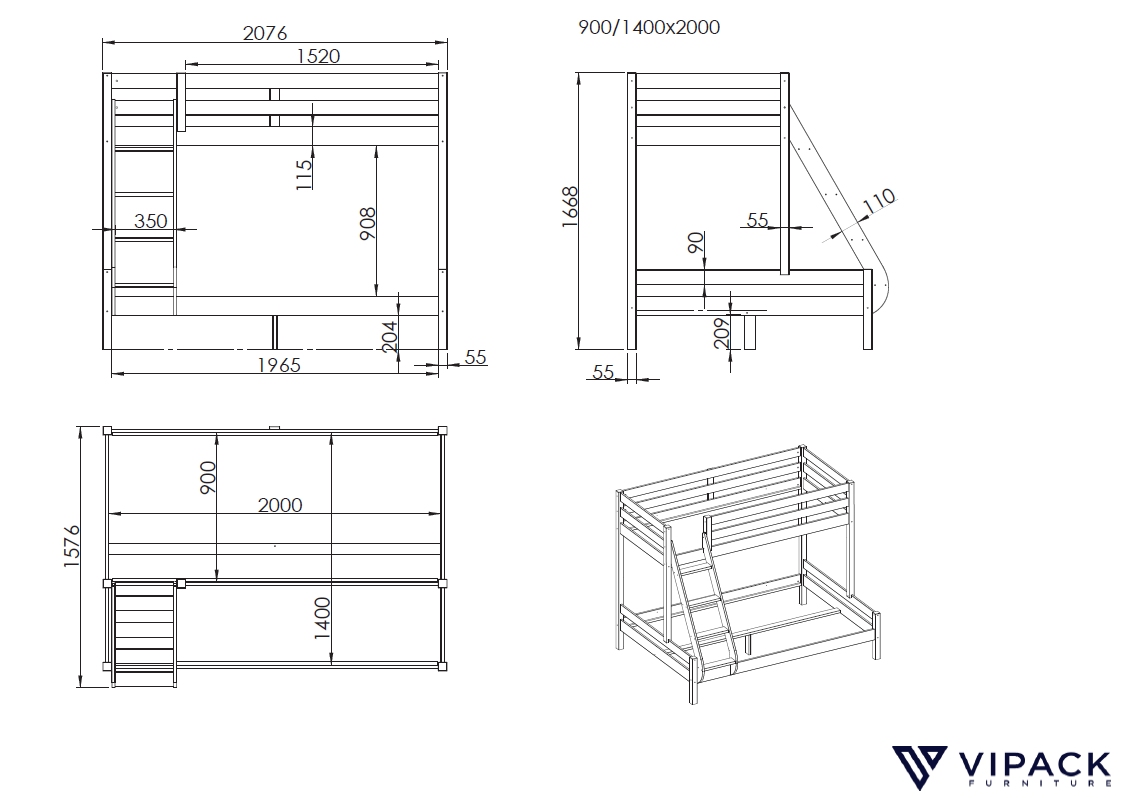 VIPACK Familienbett Martin 90 x 200 und 140 x 200 cm, mit Leiter in Kiefer massiv weiß