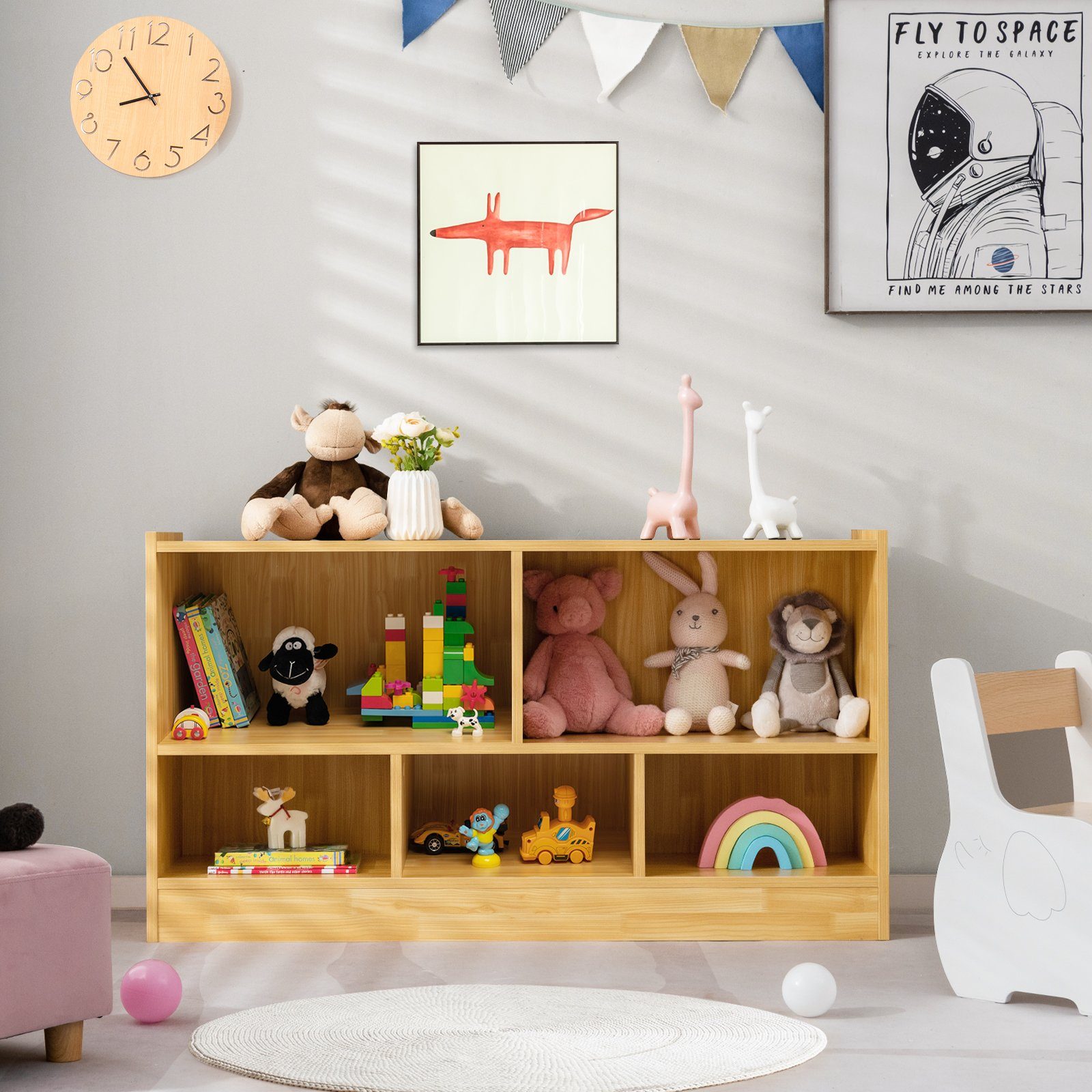 COSTWAY Bücherregal, Spielzeugschrank, 2 große Fächer & 3 kleine Fächer