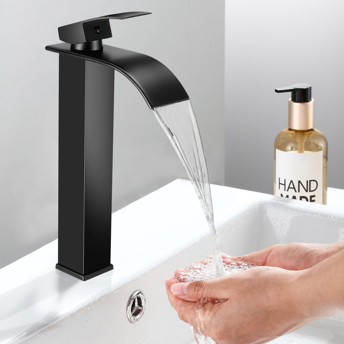 LETGOSPT Waschtischarmatur Waschtischarmatur, Wasserhahn Bad mit Auslauf Höhe 20cm, mit Zugstange Badarmatur wassersparend, Matt-Schwarz Edelstahl 304