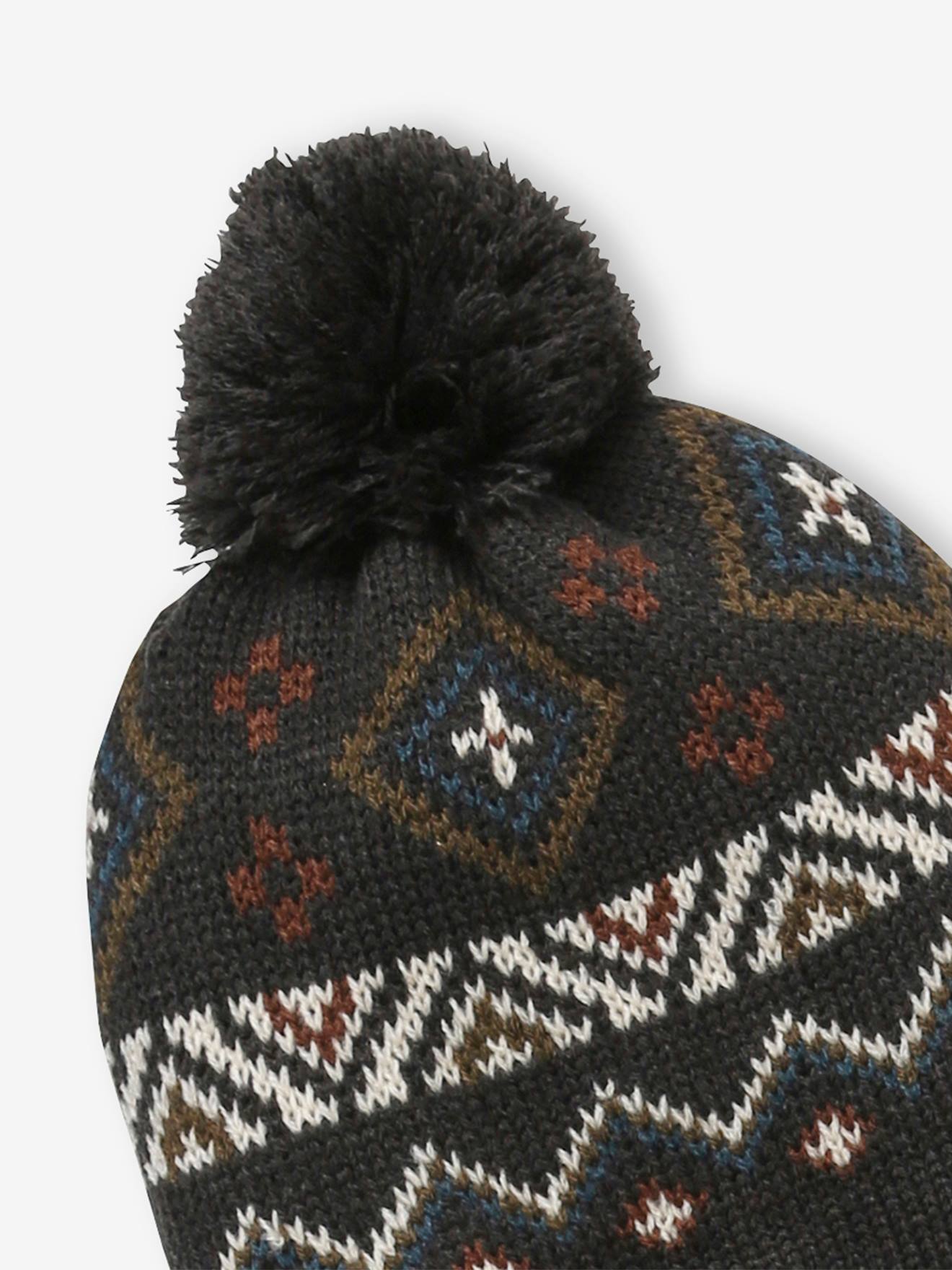 Bonnet garçon en maille jacquard gris foncé