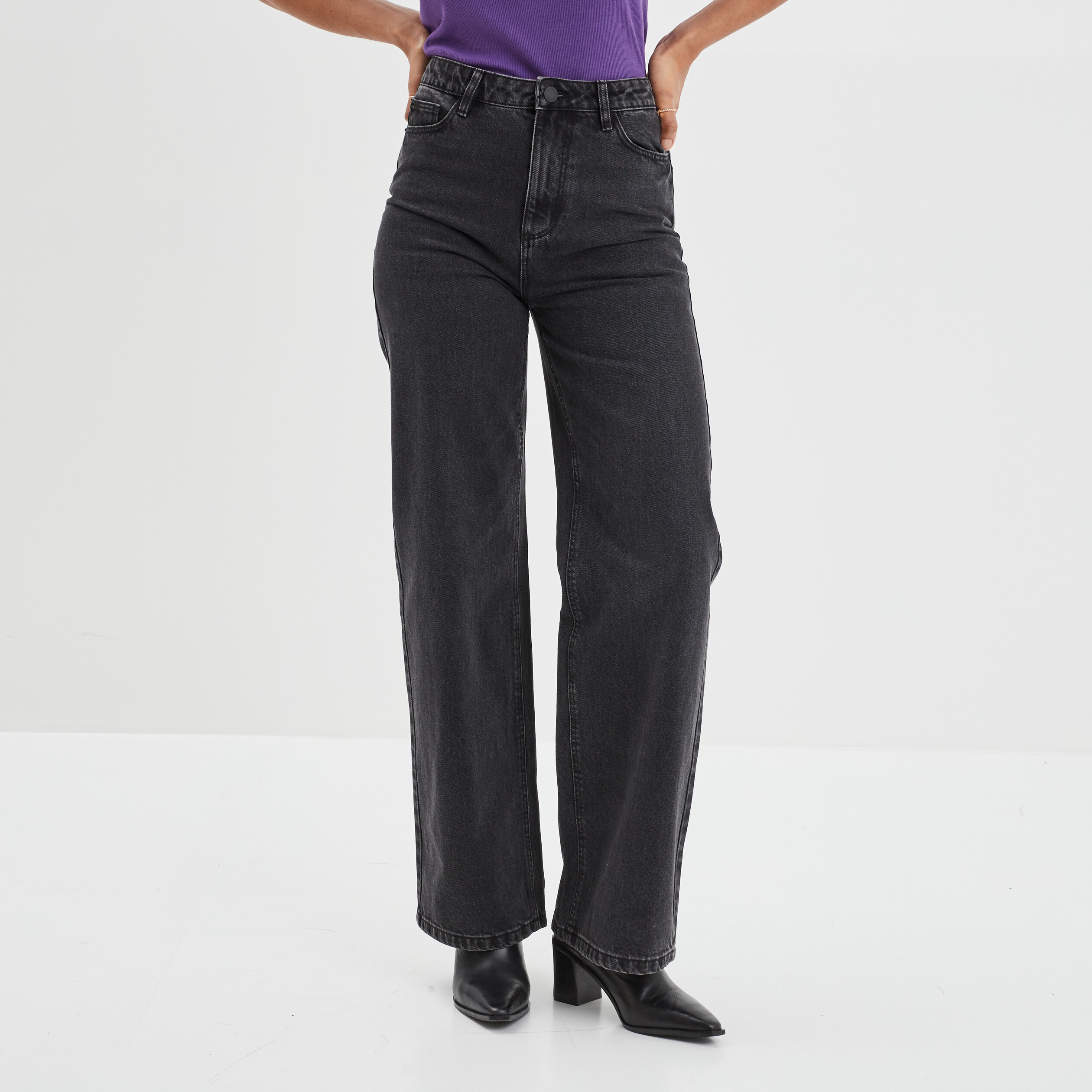 Jeans wide leg taille haute coton denim noir femme | La Halle