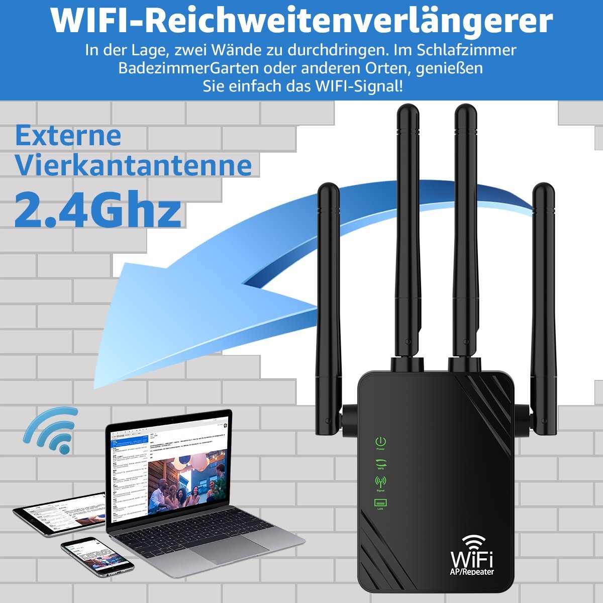 7Magic WLAN Verstärker Repeater 300Mbit/s 2,4GHz Wi-Fi Range Extender WLAN-Repeater, WiFi Booster mit WPS, 100 m² WLAN Abdeckung