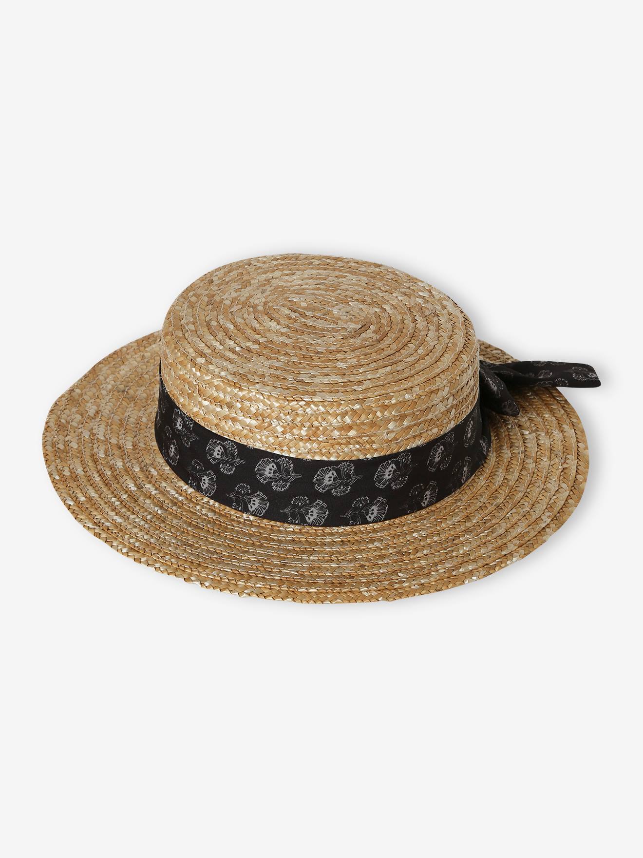 Chapeau aspect paille avec ruban imprimé fille sable