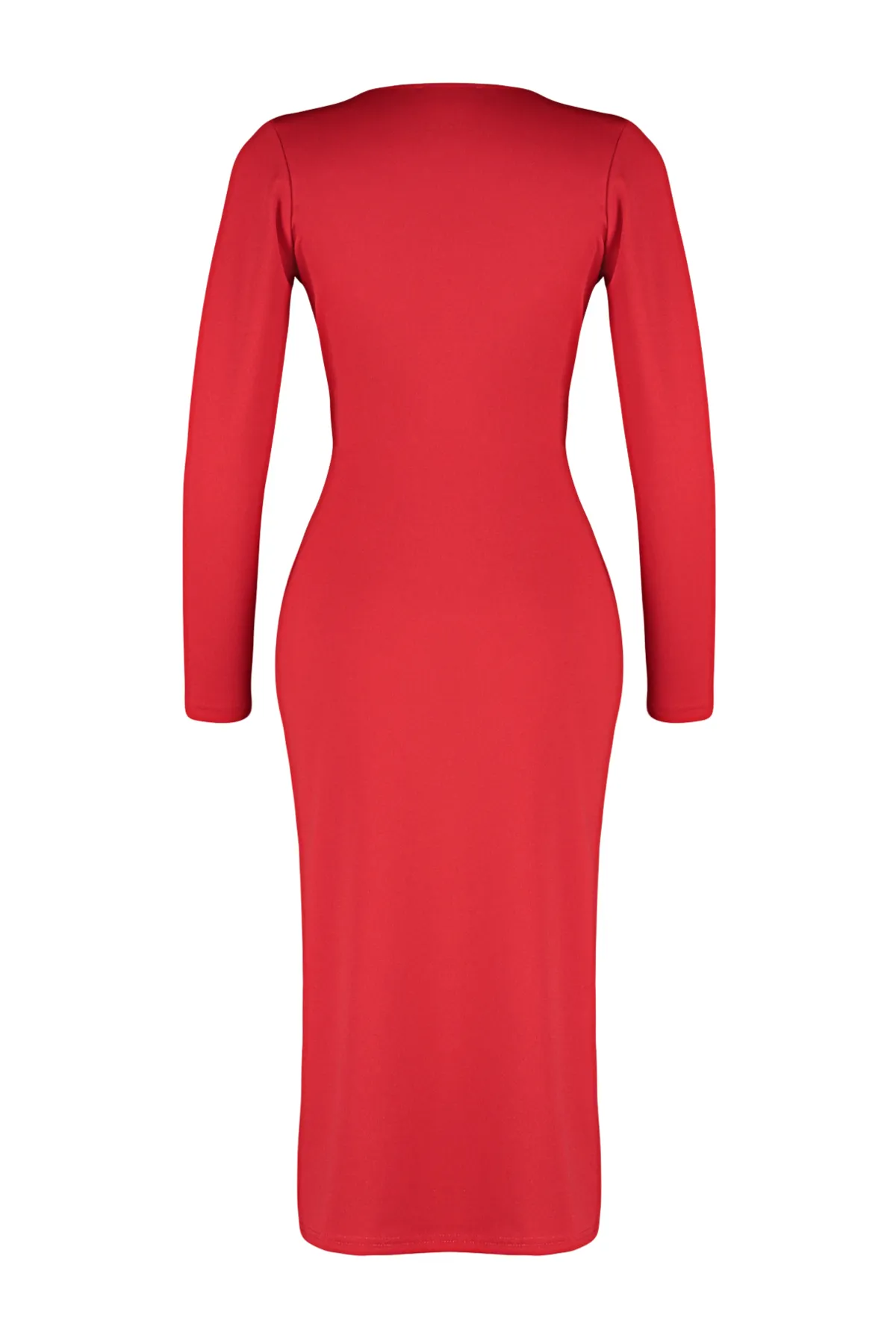 Trendyol Collection  Rotes, zweireihiges, langärmliges Midi-Strickkleid mit gerafftem Kragen und detailliertem Schnitt TWOAW24EL00826