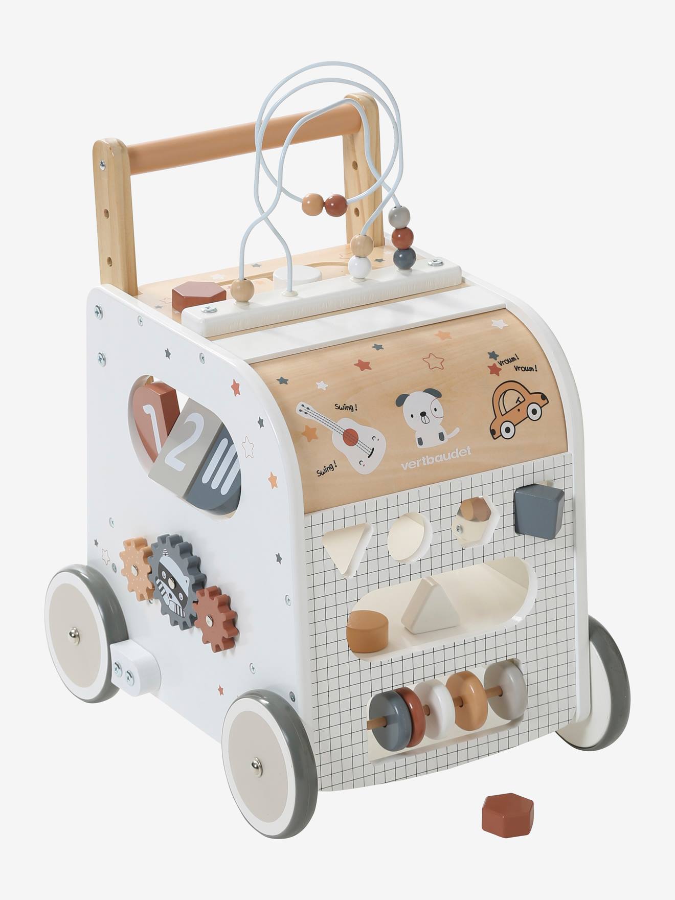 Chariot de marche cube d'activités avec freins en bois FSC® multicolore