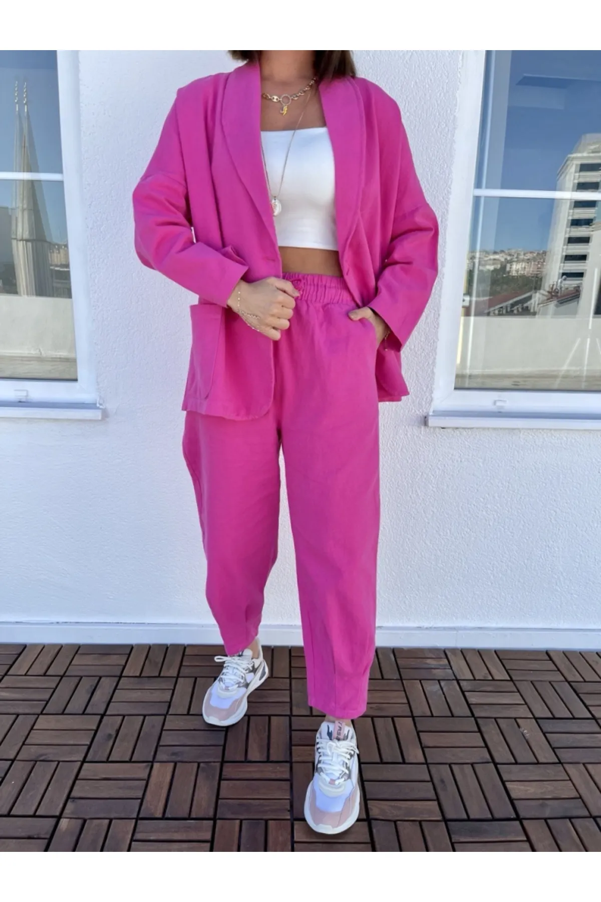 Elif Özbey Butik  Fuchsia Gabardine Oversize Jacke Hose