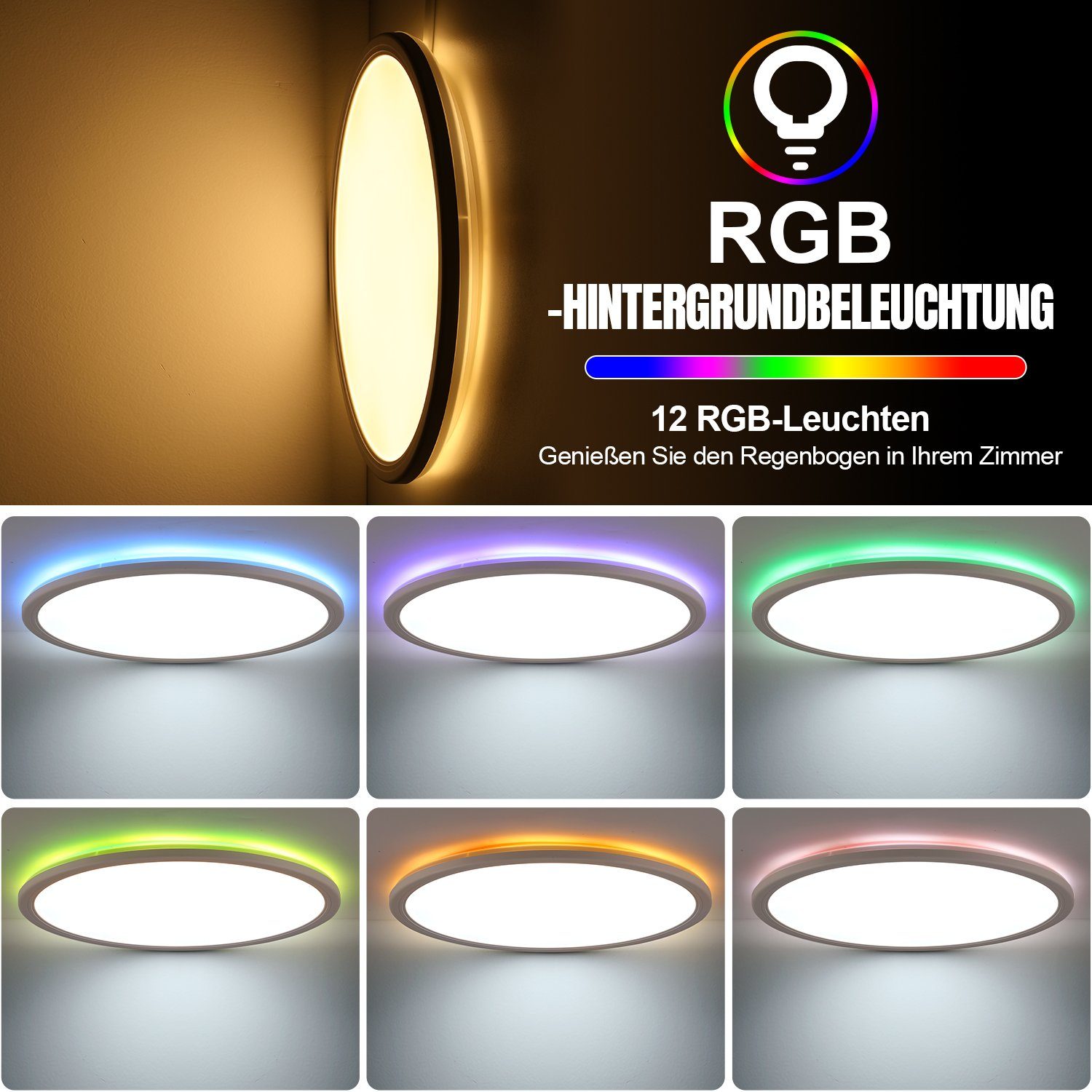 iscooter LED Deckenleuchte Ultra Dünn LED Deckenlampe, 24W RGB Backlight Deckenlampe Flach Rund, LED fest integriert, warmweiß, neutralweiß, kaltweiß, RGB, Dimmbar mit Fernbedienung, für Schlafzimmer/Wohnzimmer/Badezimmer/Küche