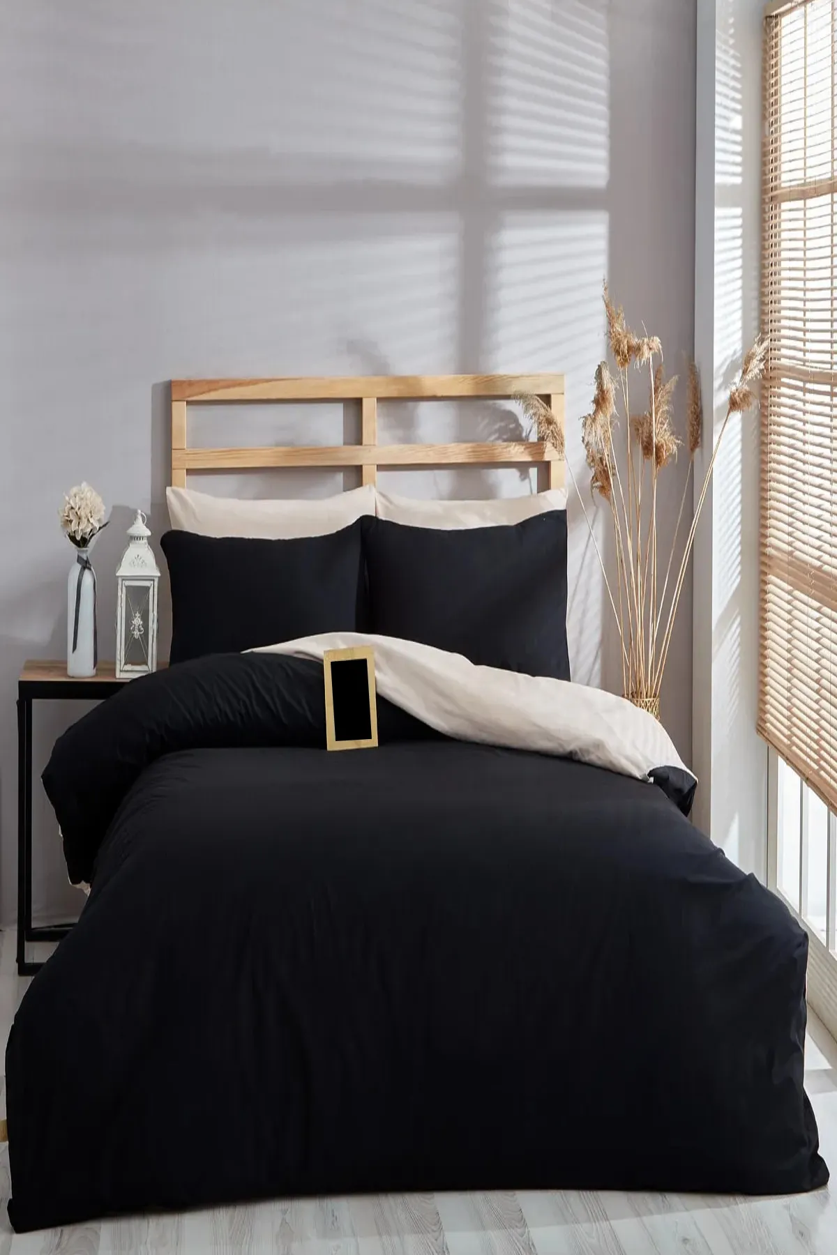 Bayev  Einfarbiges Einzelbettbezug-Set in Schwarz-Beige mit elastischen Laken