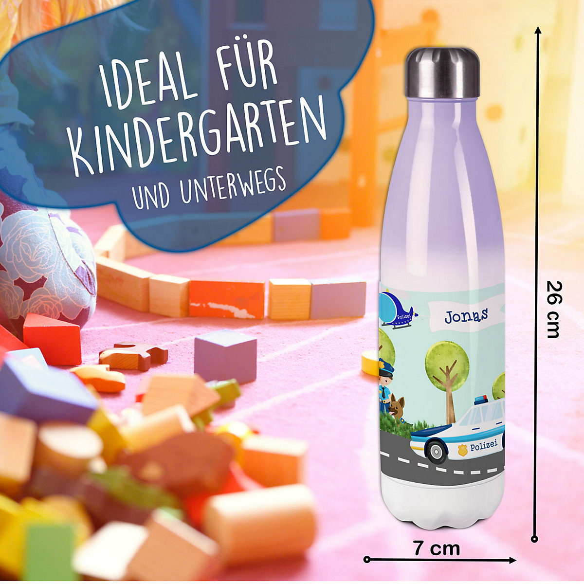 Edelstahl Kinder Thermoflasche / Trinkflasche bunt Polizei Spülmaschinenfest, Auslaufsicher, Bruchfest, Doppelwandig, Für Heißgetränke geeignet, Mit Deckel, Isoliert