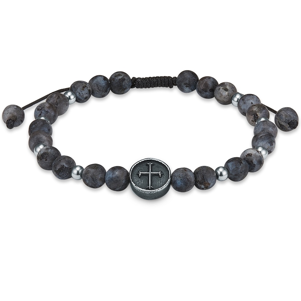 True Rebels Bracelet en pierres précieuses Croix Acier inoxydable Jade Argent Bracelet