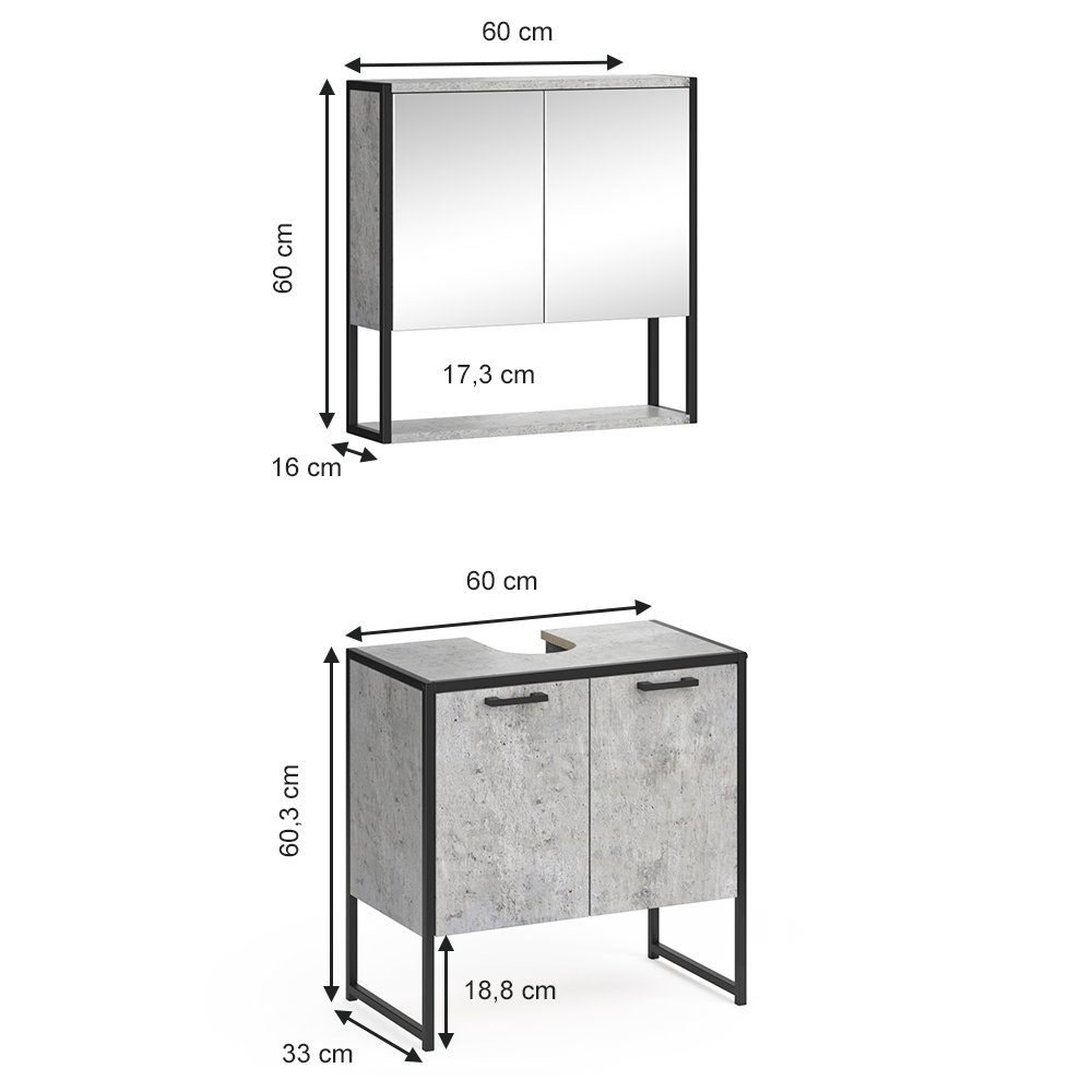Vicco Badmöbel-Set Loft-Badezimmerset FYRK Beton Set 1, (2-er Set, 2-St., 2-er Set)