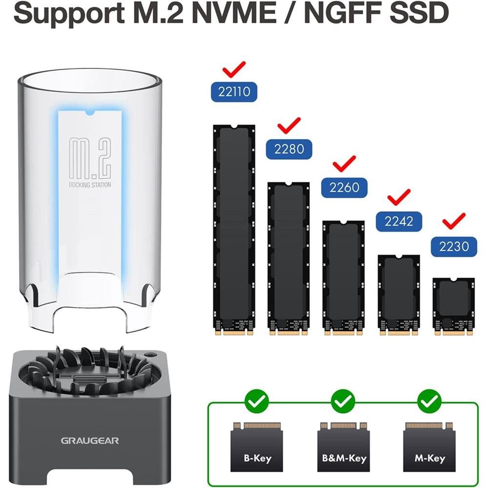 GRAUGEAR Festplatten-Dockingstation 18048, USB C M.2 NVMe NGFF SSD USB 3.2 leiser Lüfter Dockingstation schwarz