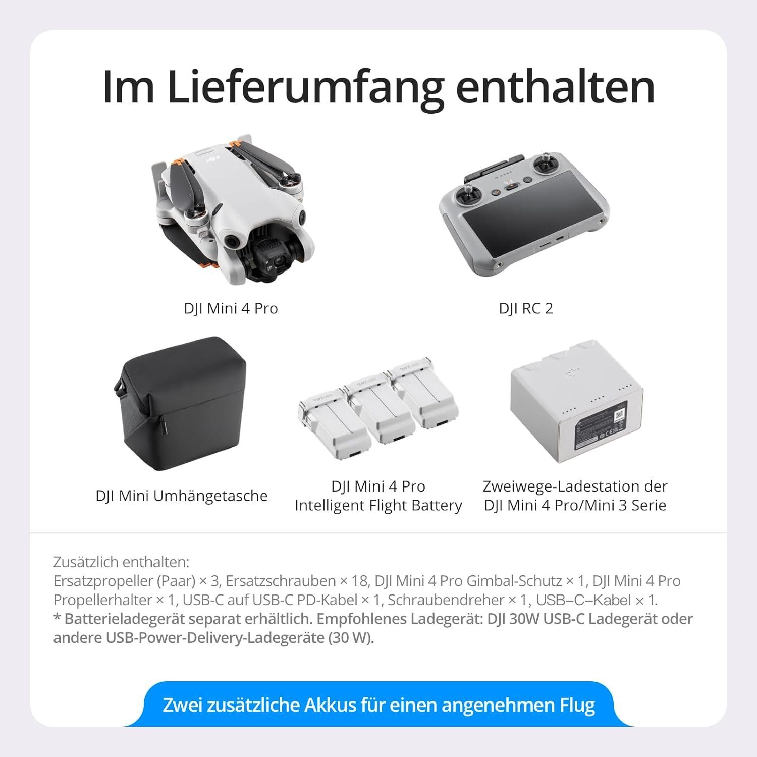 DJI Mini 4 Pro Fly More Combo mit DJI RC 2 Fernsteuerung Drohne mit Kamera Drohne (Ultra HD, 34 Minuten Flugzeit, 2 zusätzliche Akkus, Klasse-C0, Mini-Drohne mit Kamera 4k Video GPS, Bildschirmfernsteuerung faltbare Mini-Drohne mit 4K-Kamera, unter 2