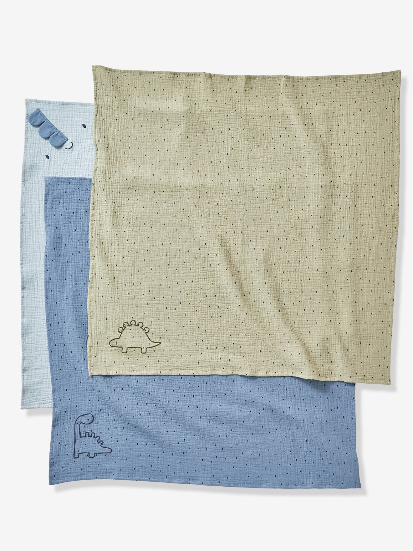 Vertbaudet 3er-Pack Baby Wickeltücher KLEINER DINO Oeko-Tex - blau