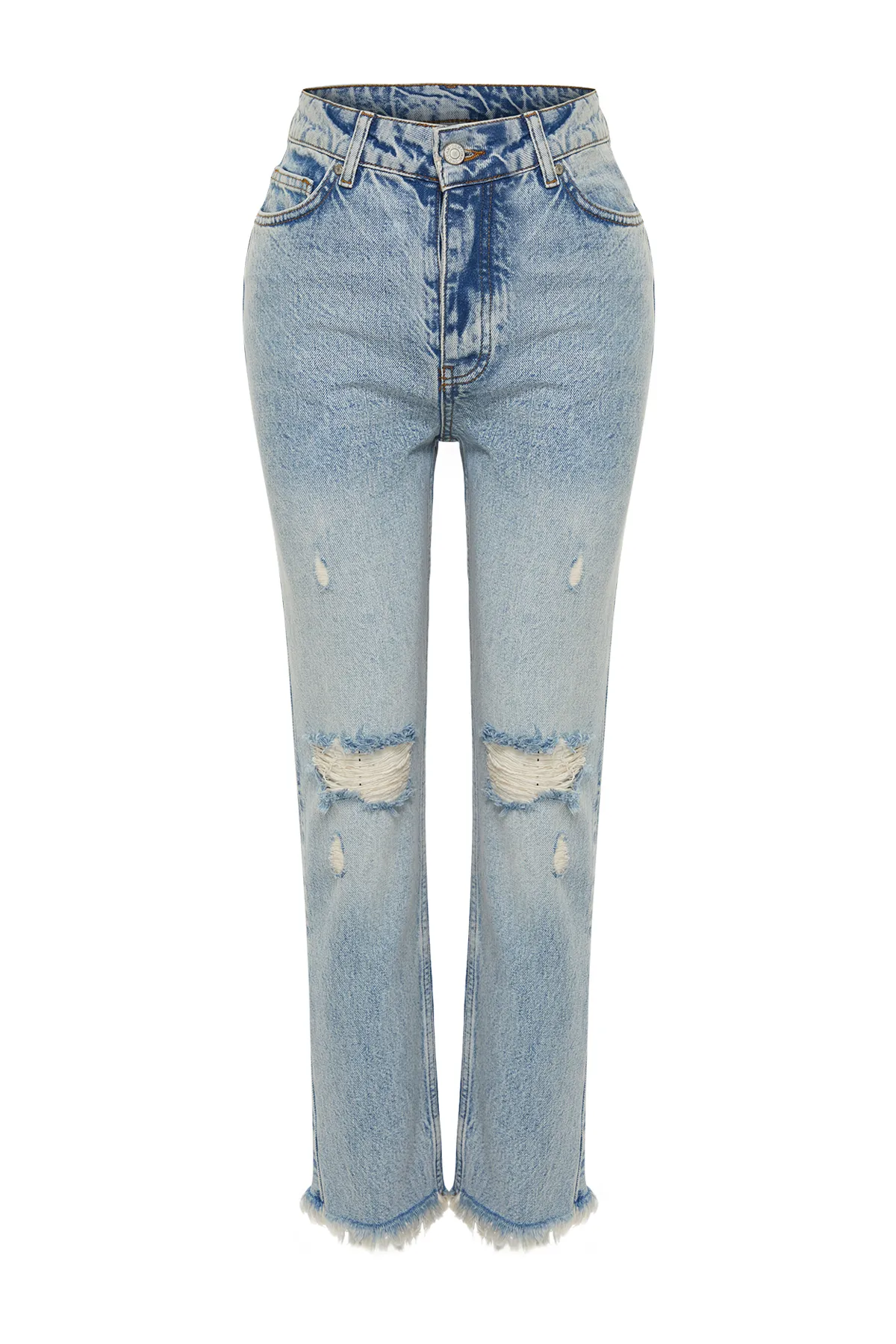 Trendyol Collection  Blaue, zerrissene, detaillierte, gerade Jeans mit hoher Taille TWOSS24JE00178