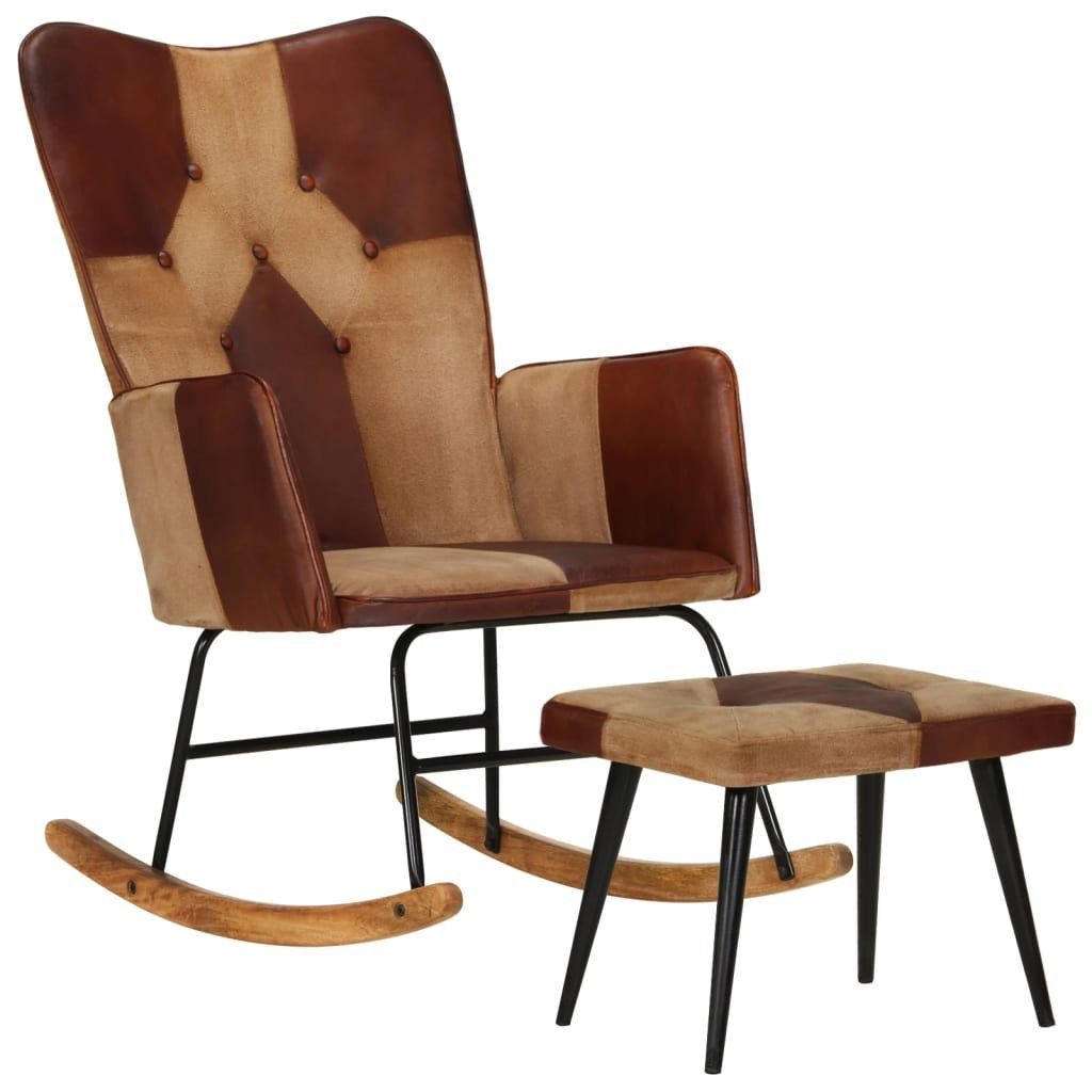 vidaXL Schaukelstuhl Schaukelstuhl mit Hocker Braun Echtleder und Canvas (1 St)