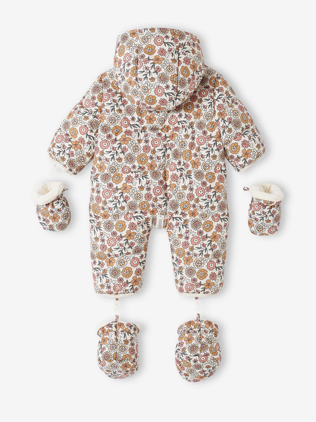 Vertbaudet Baby Winter-Overall mit Fleecefutter, geblümt - hellbeige bedruckt