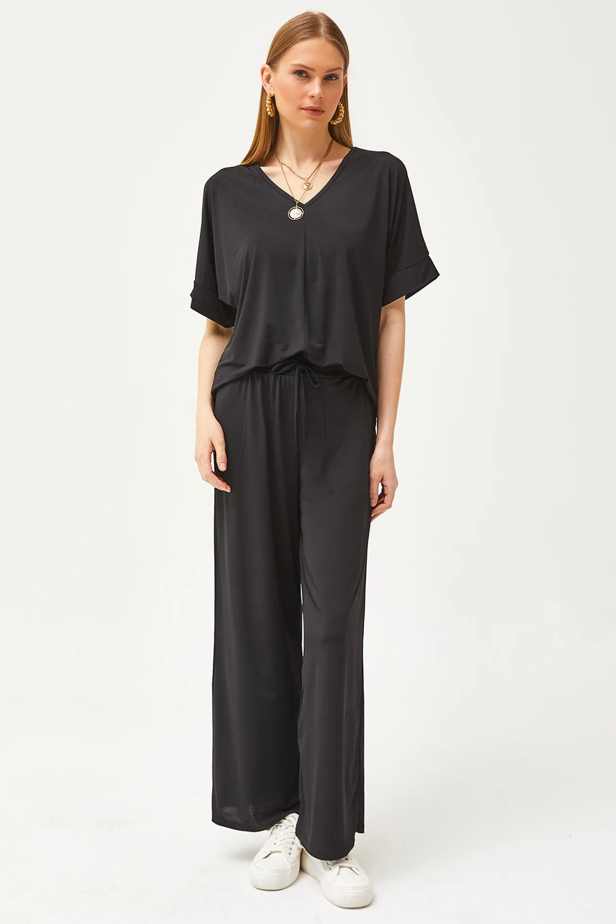 Olalook  Schwarzes Top-Bluse-Unterteil für Damen, locker gestricktes Palazzo-Set TKM-19000267
