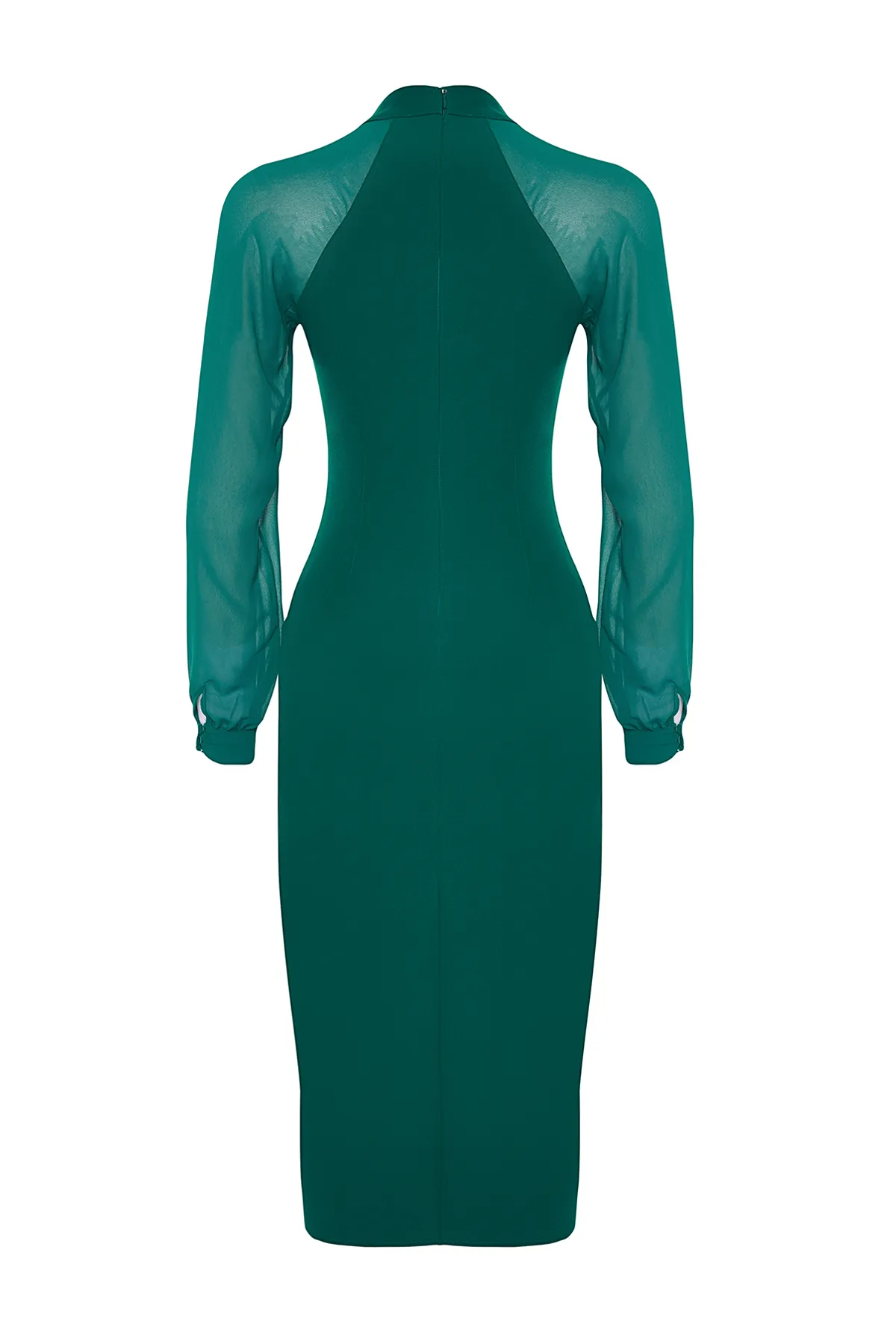 Trendyol Collection  Smaragdgrünes, detailliertes Midi-Webkleid mit Stehkragen und Ärmeln TWOAW24EL00461
